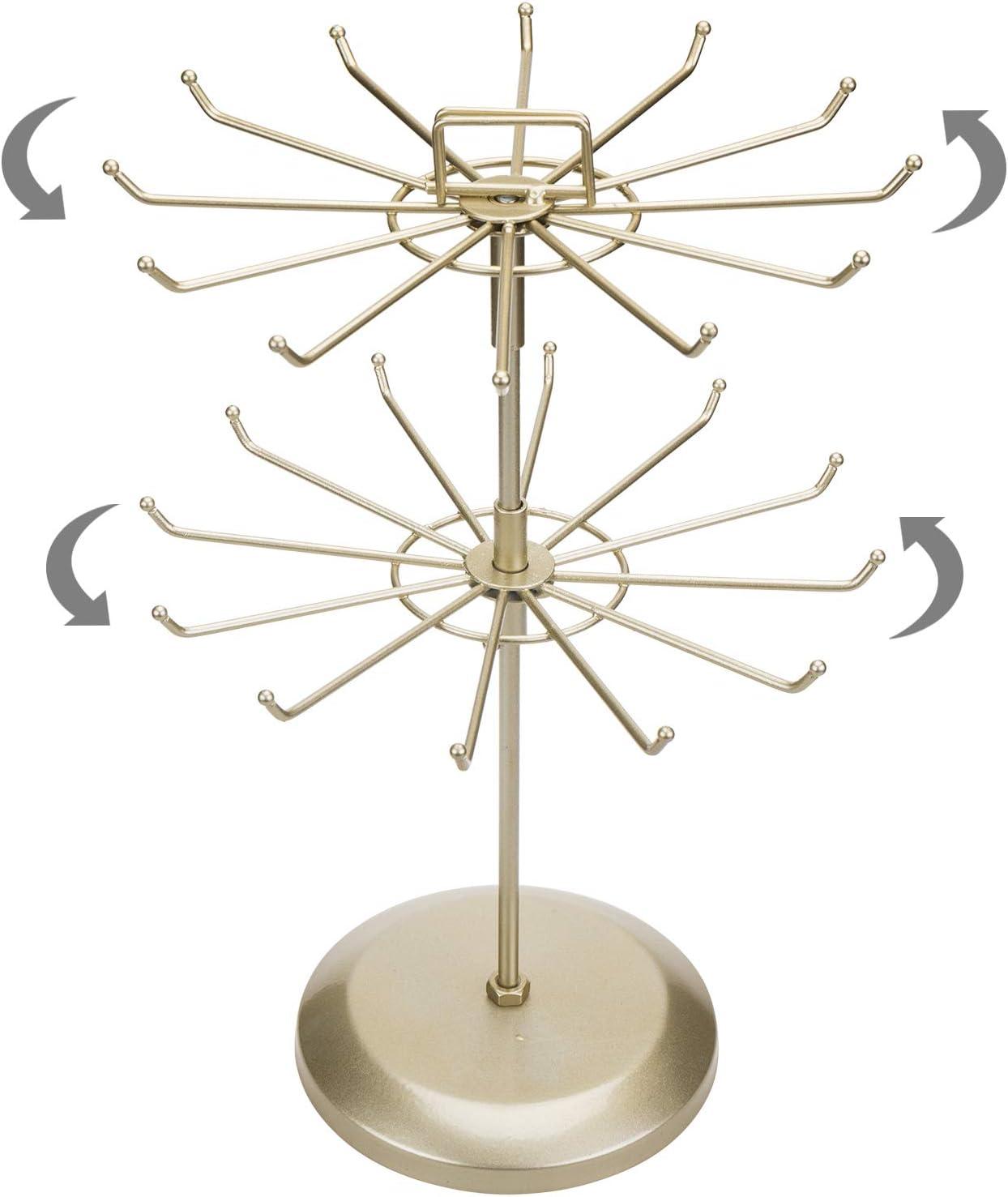 imageMyGift 2 Tier Black Metal Rotating Necklace and Bracelet Organizer Jewelry Stand with 24 Hooks Multipurpose Accessory and Keychain Spinning Display Rack with Top Handle Card HolderBrass