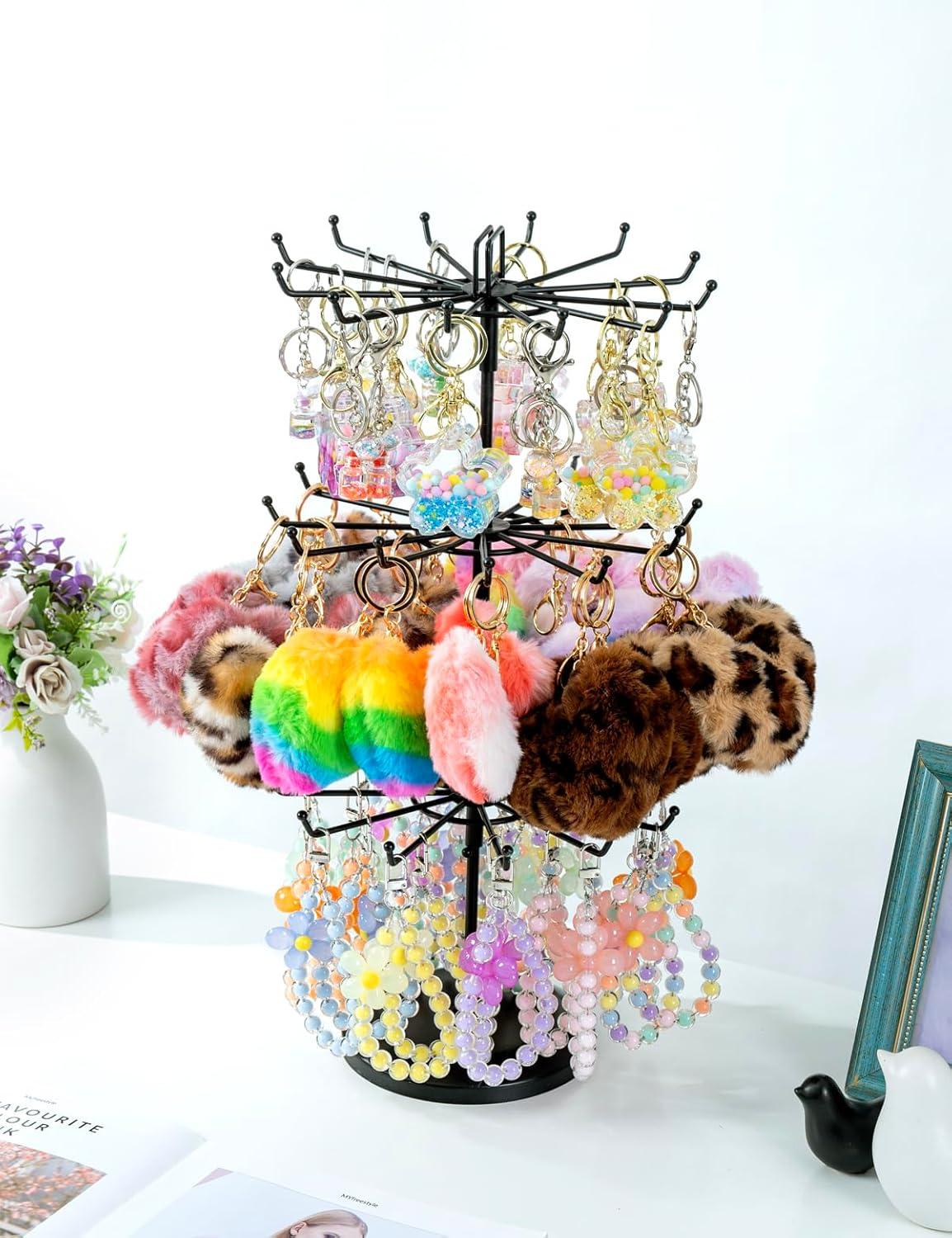 imageMyGift 2 Tier Black Metal Rotating Necklace and Bracelet Organizer Jewelry Stand with 24 Hooks Multipurpose Accessory and Keychain Spinning Display Rack with Top Handle Card HolderBlack 3 Tier