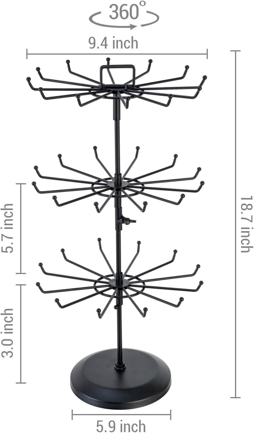 imageMyGift 2 Tier Black Metal Rotating Necklace and Bracelet Organizer Jewelry Stand with 24 Hooks Multipurpose Accessory and Keychain Spinning Display Rack with Top Handle Card HolderBlack 3 Tier