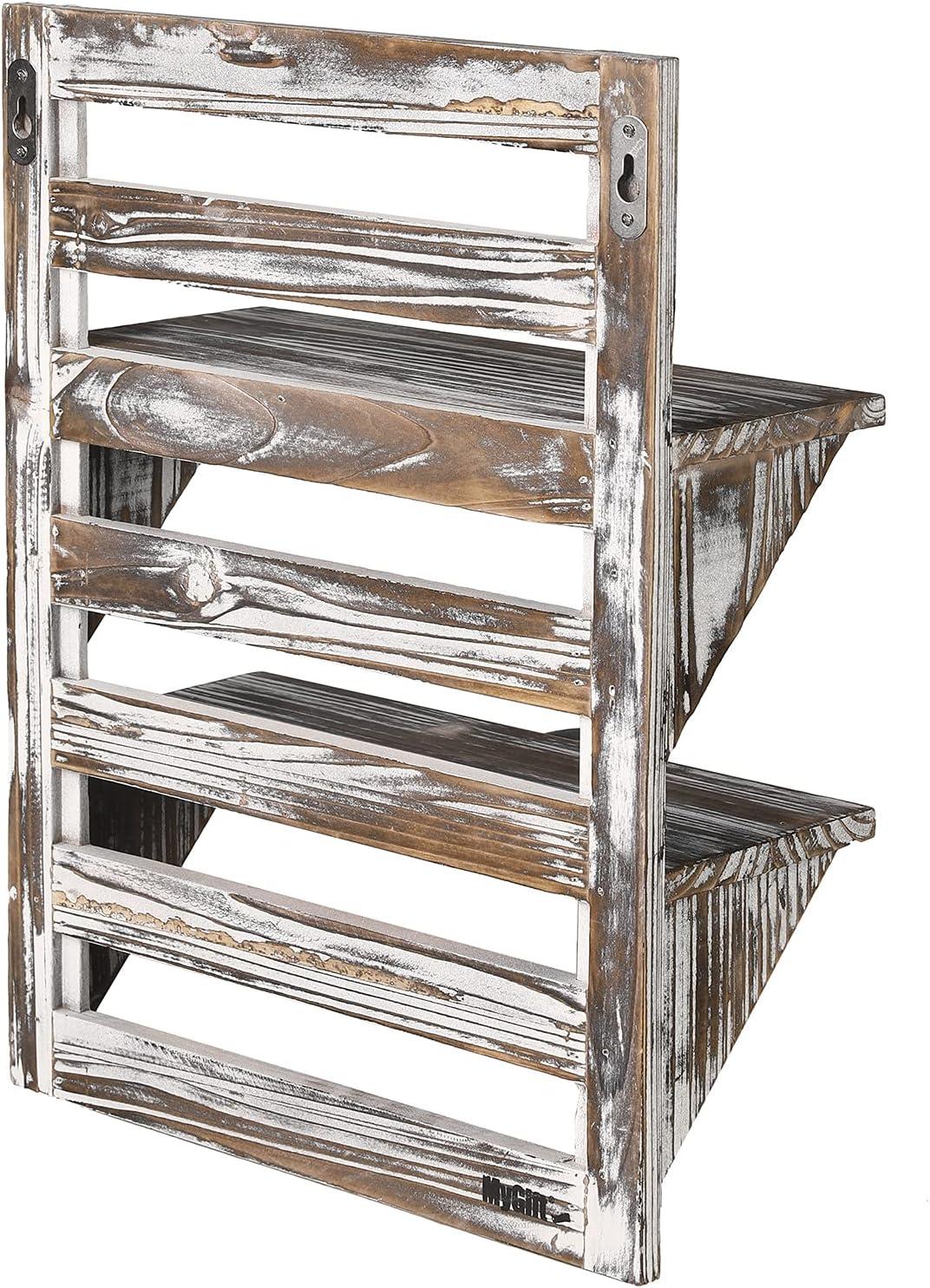 imageMyGift 2 Tier Wall Mounted Rustic Torched Wood Entryway Shelf with Key Hooks Decorative Wooden Bathroom Shelving for Toiletries Hand Towels Plant Display