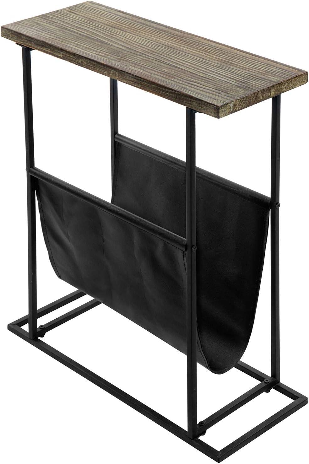 imageMyGift 21Inch Modern Narrow Living Room End Table with Solid Burnt Wood Tabletop and Black Metal Frame Bedroom Nightstand Side Table with Magazine Holder SlingTorched Wood
