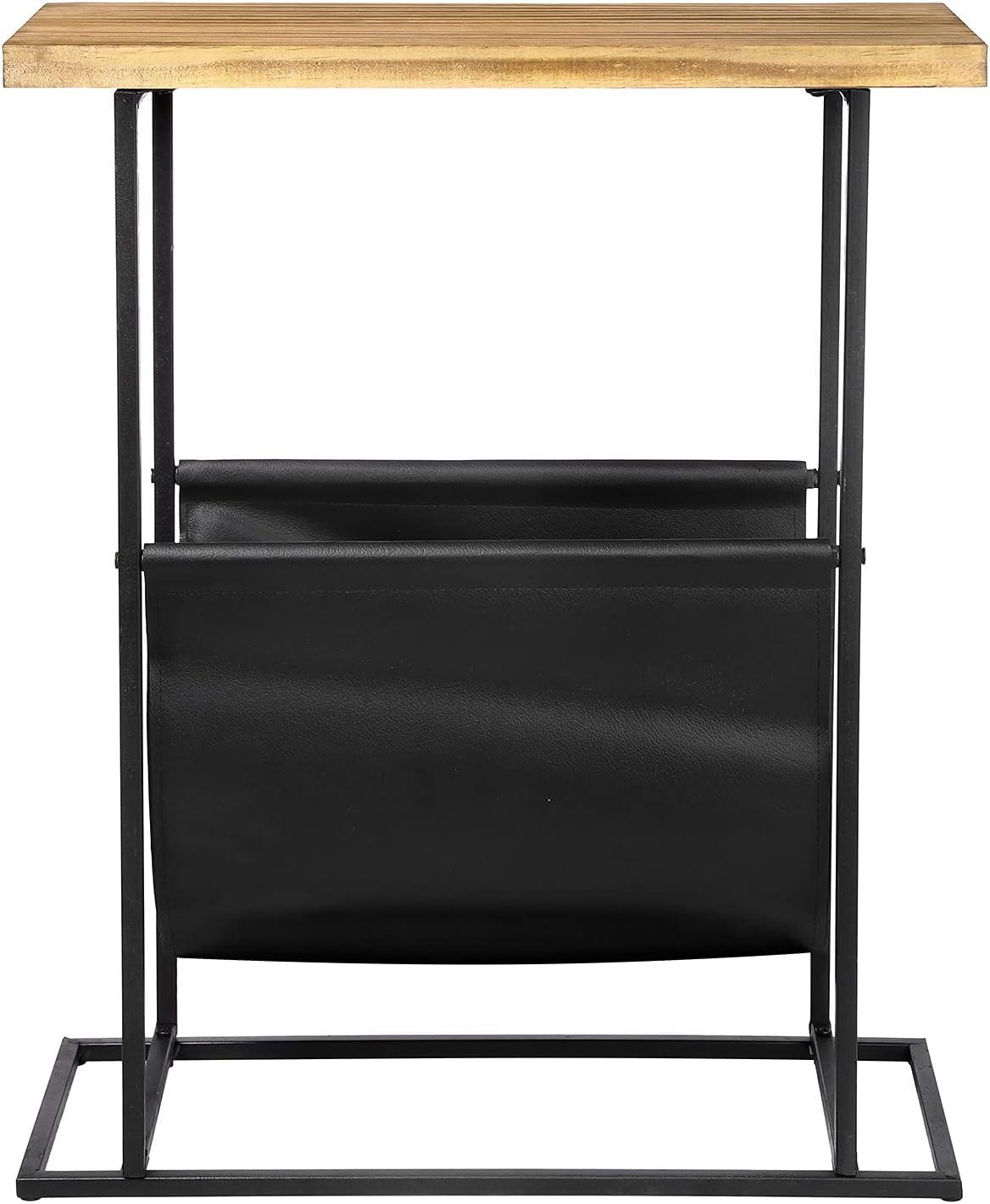 imageMyGift 21Inch Modern Narrow Living Room End Table with Solid Burnt Wood Tabletop and Black Metal Frame Bedroom Nightstand Side Table with Magazine Holder SlingBurnt Wood
