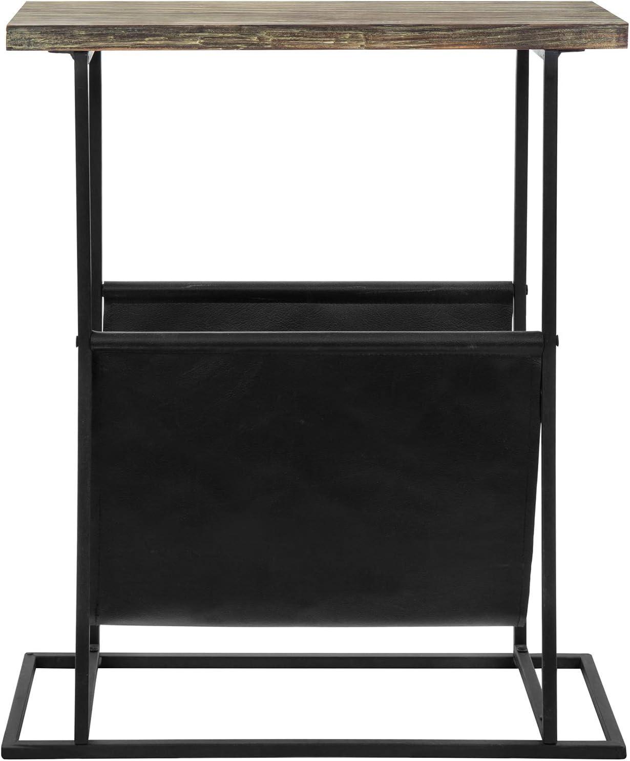 imageMyGift 21Inch Modern Narrow Living Room End Table with Solid Burnt Wood Tabletop and Black Metal Frame Bedroom Nightstand Side Table with Magazine Holder SlingTorched Wood