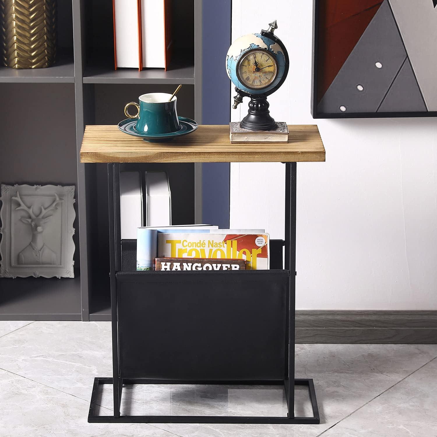 imageMyGift 21Inch Modern Narrow Living Room End Table with Solid Burnt Wood Tabletop and Black Metal Frame Bedroom Nightstand Side Table with Magazine Holder SlingBurnt Wood