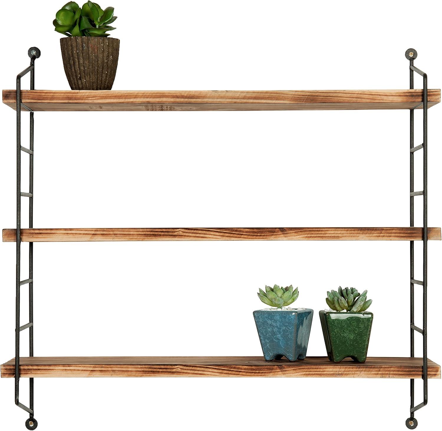 imageMyGift 23Inch Modern Floating Shelves Industrial Metal and Rustic Burnt Brown Wood Adjustable Wall Mounted 3Tier Display Shelf Unit Rack