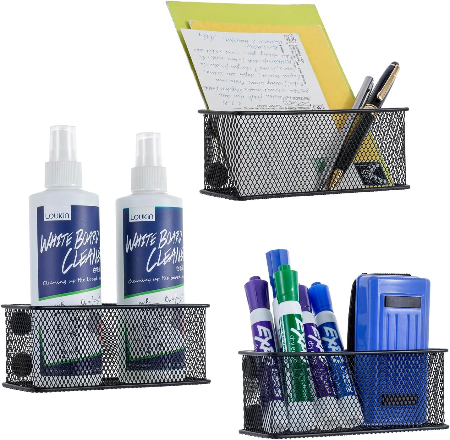 imageMyGift 3 Pack Black Metal Wire Mesh Magnetic Marker Holder for Whiteboard Office Desktop Supply Organizer Basket for Pens Pencils and AccessoriesBlack