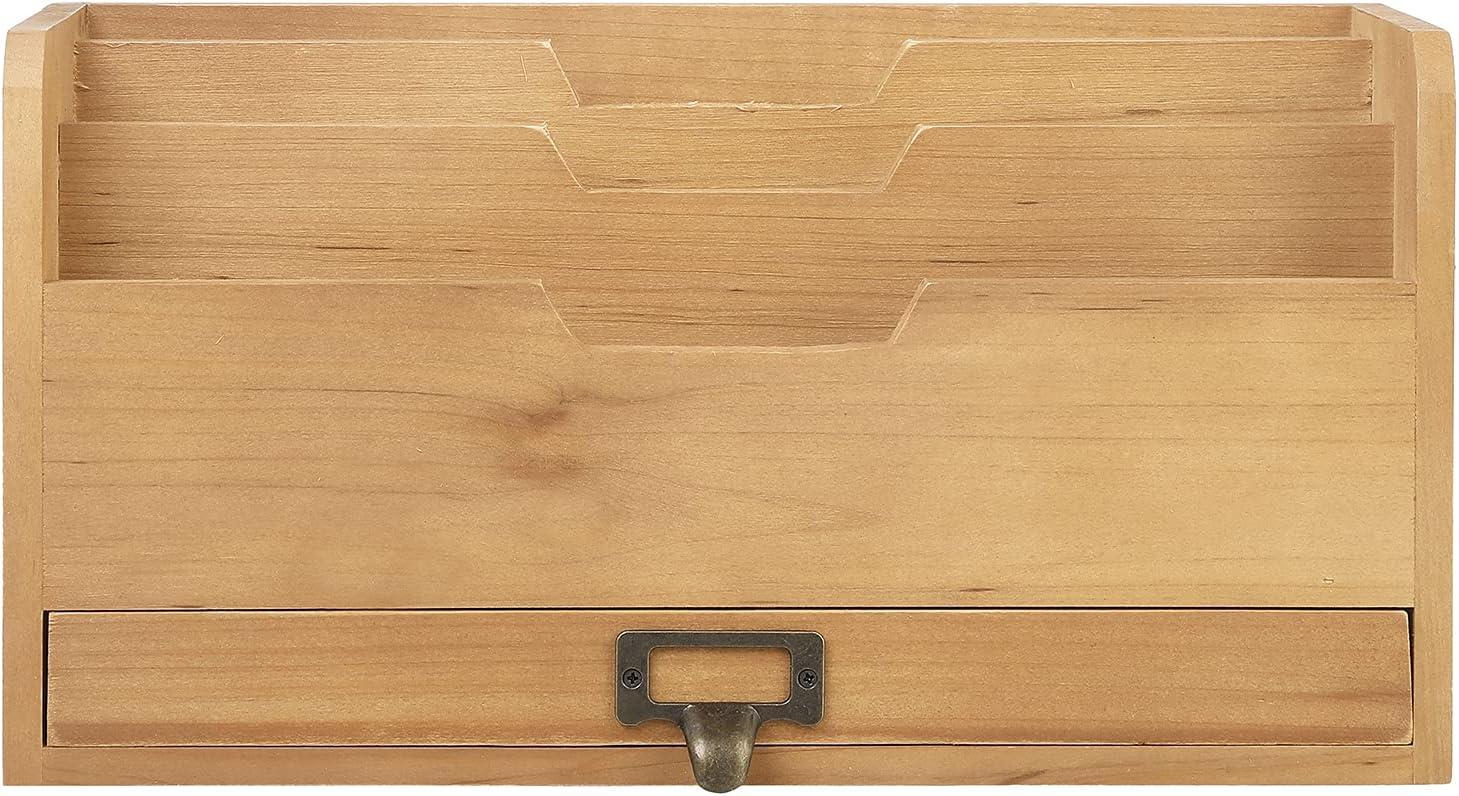 imageMyGift 3 Slot Rustic Natural Brown Wood Office Desk File Organizer Holder Desktop Mail Letter Sorter Tray Document Holder with PullOut Storage Drawer