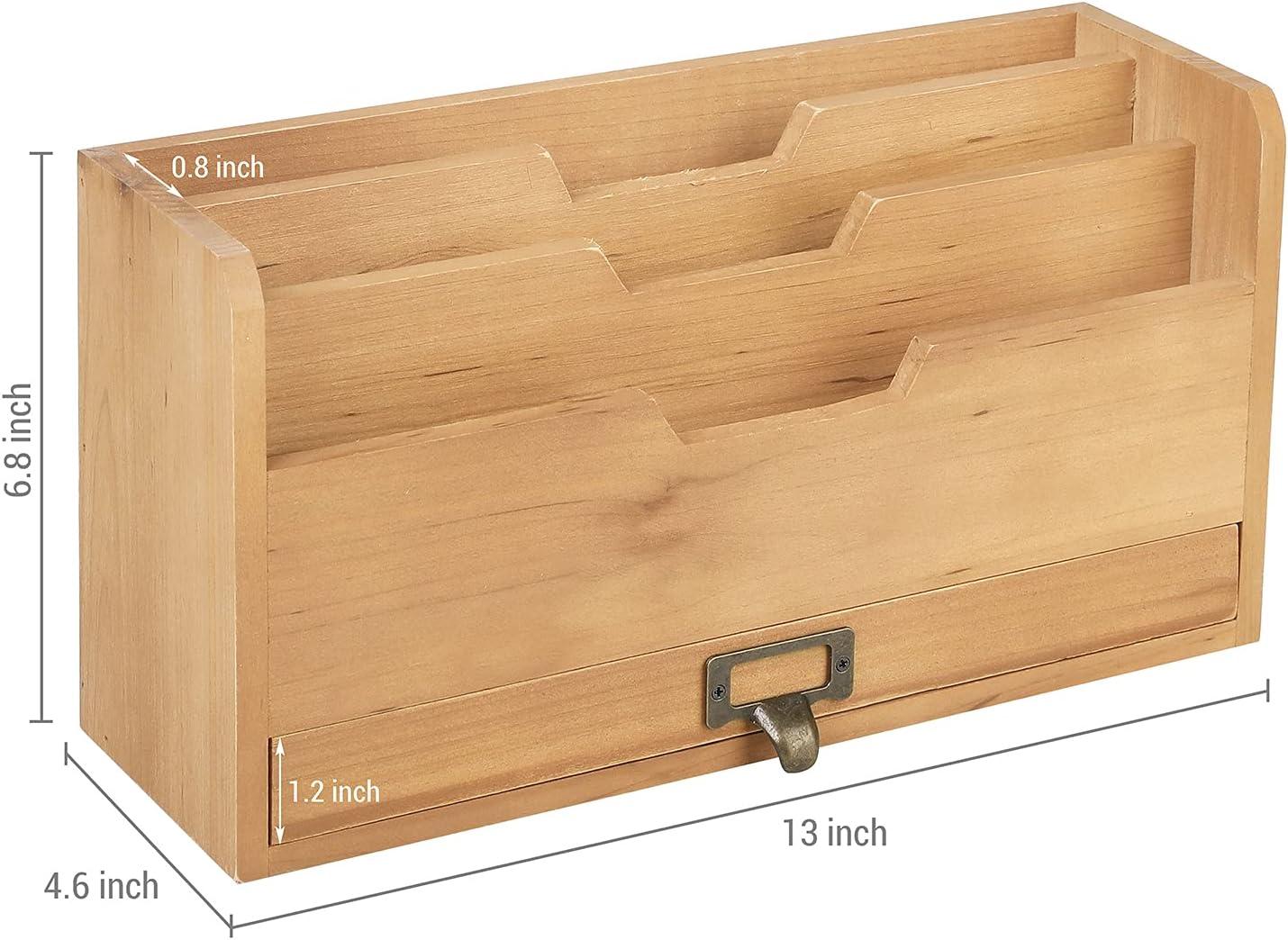 imageMyGift 3 Slot Rustic Natural Brown Wood Office Desk File Organizer Holder Desktop Mail Letter Sorter Tray Document Holder with PullOut Storage Drawer