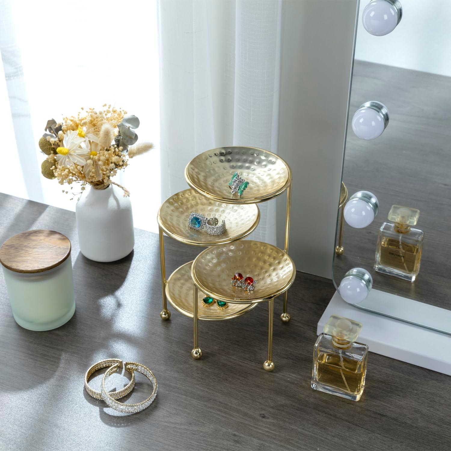 imageMyGift 3 Tier Jewelry Dish Organizer 4 Inch Hammered Silver Metal Dishes and Stand Decorative Ring Tray Jewelry Holder Display Tower for Earrings Necklace Bracelet Handcrafted in IndiaBrass 4 Tier