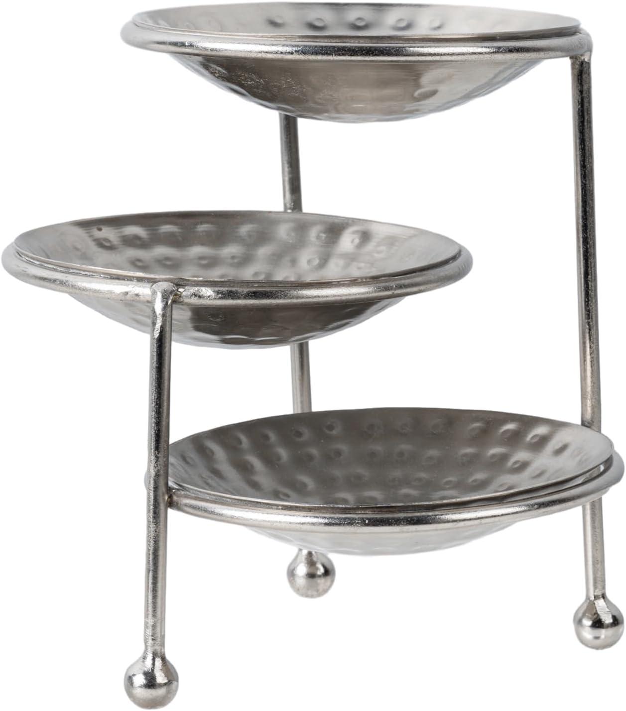 imageMyGift 3 Tier Jewelry Dish Organizer 4 Inch Hammered Silver Metal Dishes and Stand Decorative Ring Tray Jewelry Holder Display Tower for Earrings Necklace Bracelet Handcrafted in IndiaSilver