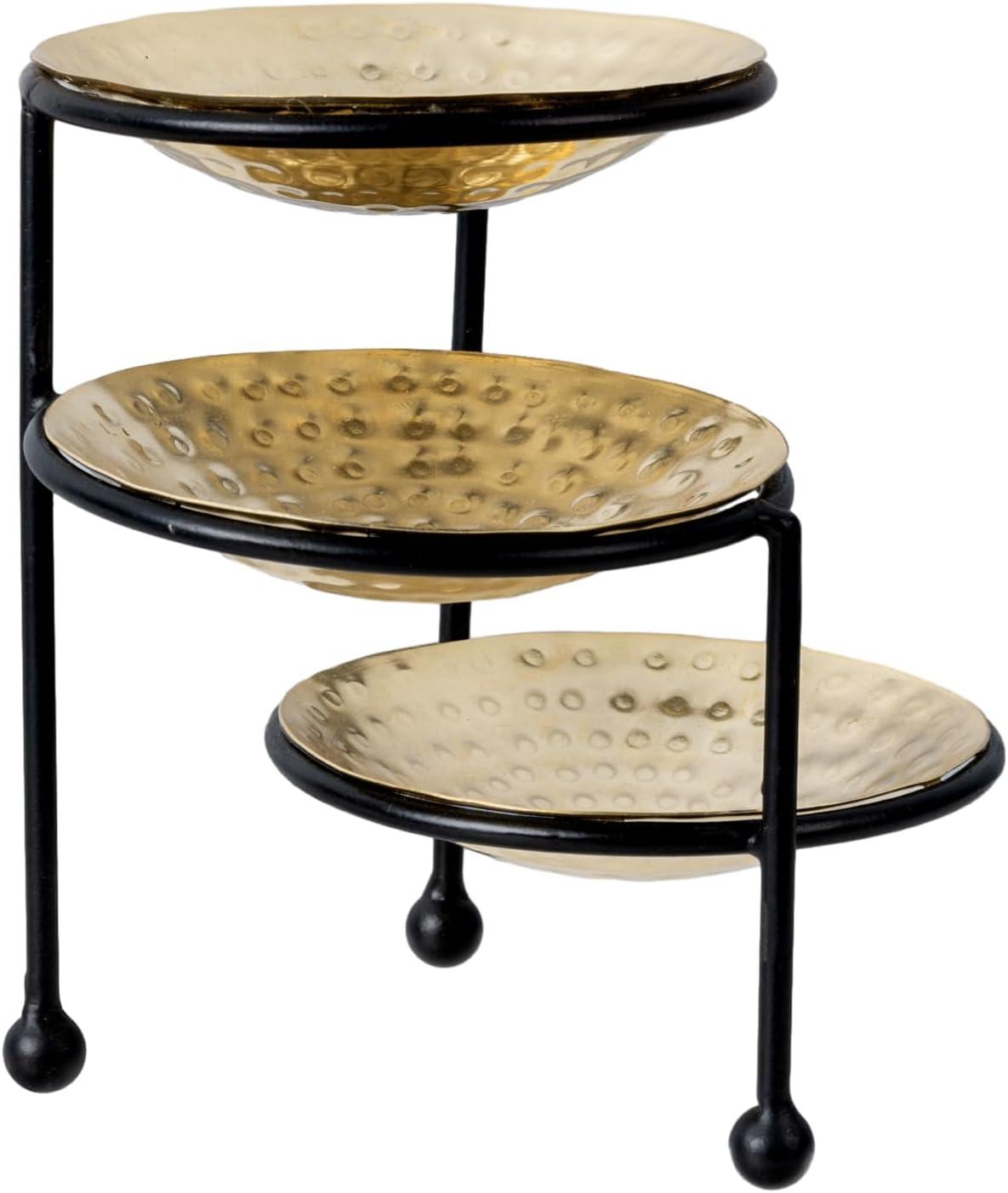 imageMyGift 3 Tier Jewelry Dish Organizer 4 Inch Hammered Silver Metal Dishes and Stand Decorative Ring Tray Jewelry Holder Display Tower for Earrings Necklace Bracelet Handcrafted in IndiaBlack Brass