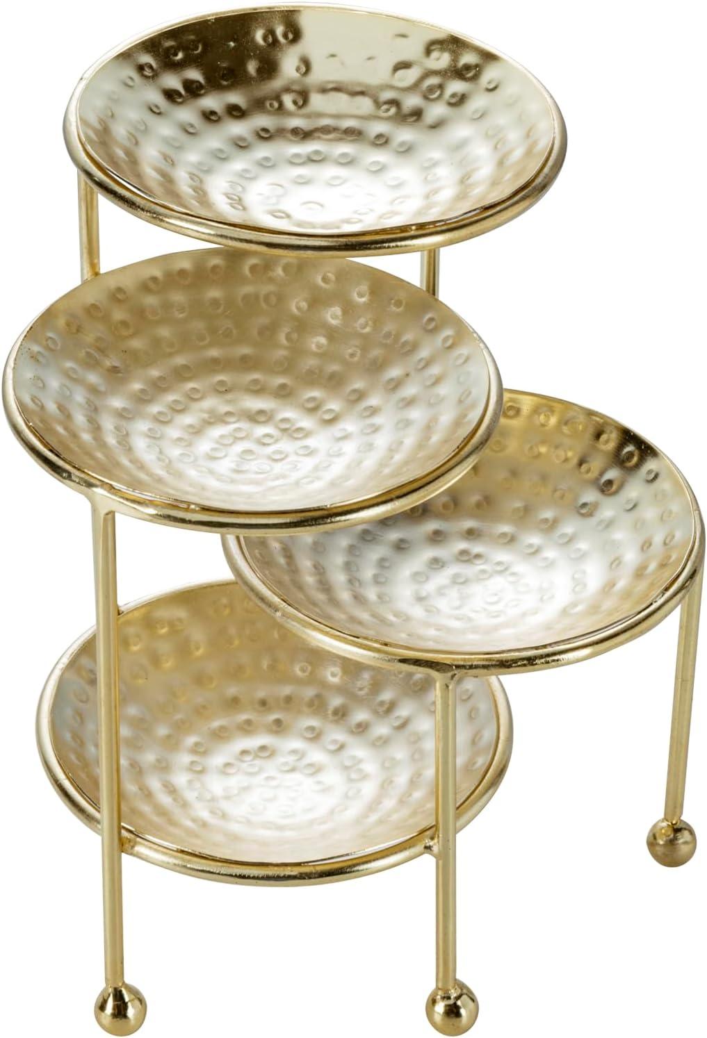 imageMyGift 3 Tier Jewelry Dish Organizer 4 Inch Hammered Silver Metal Dishes and Stand Decorative Ring Tray Jewelry Holder Display Tower for Earrings Necklace Bracelet Handcrafted in IndiaBrass 4 Tier