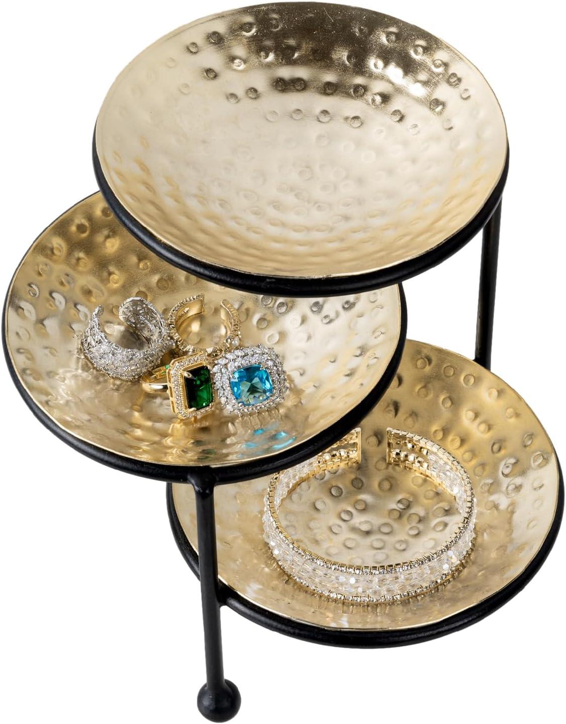 imageMyGift 3 Tier Jewelry Dish Organizer 4 Inch Hammered Silver Metal Dishes and Stand Decorative Ring Tray Jewelry Holder Display Tower for Earrings Necklace Bracelet Handcrafted in IndiaBlack Brass