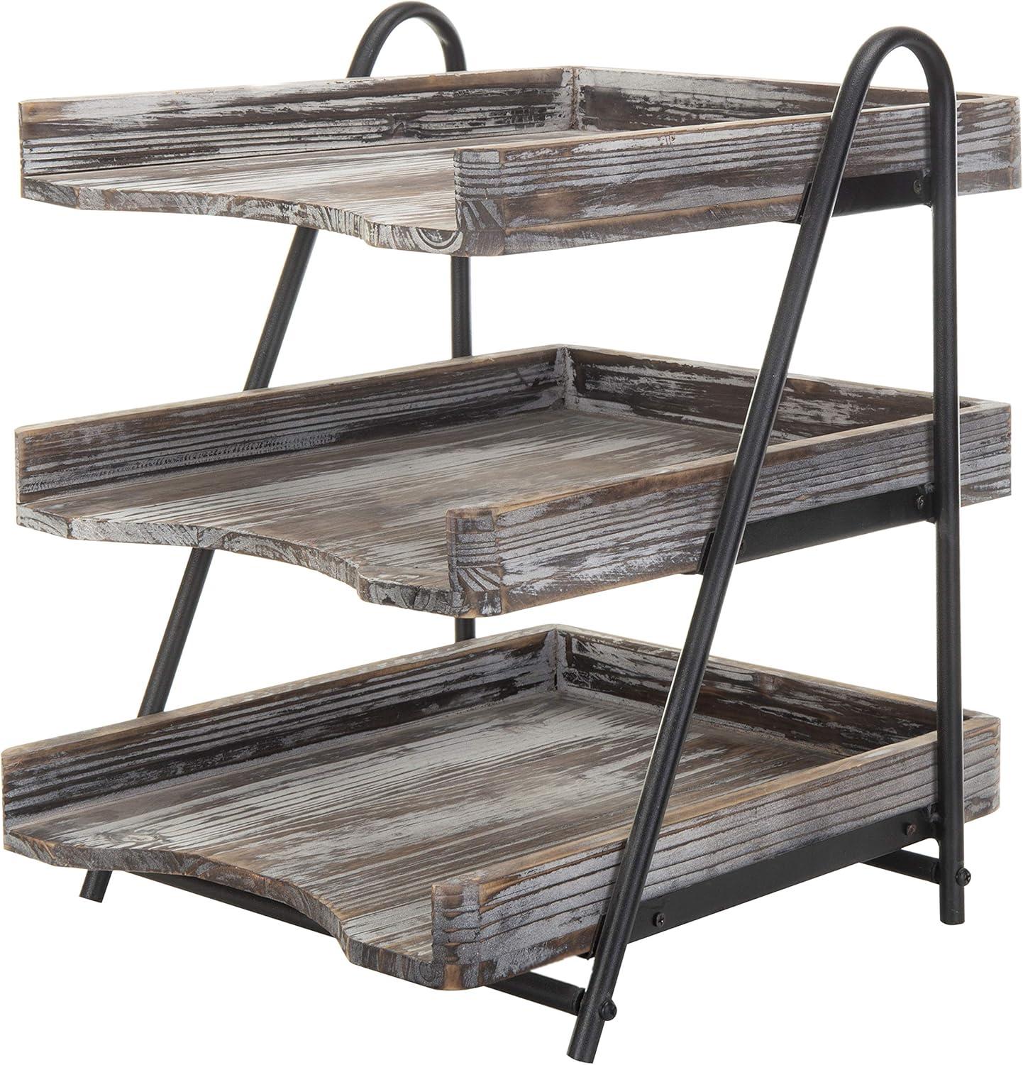 imageMyGift 3 Tier Rustic Torched Wood Letter Tray Desktop Organizer with Black Metal Stand Office Desk Paper Document Sorter Wooden Upright Filing Folder RackTorched Wood