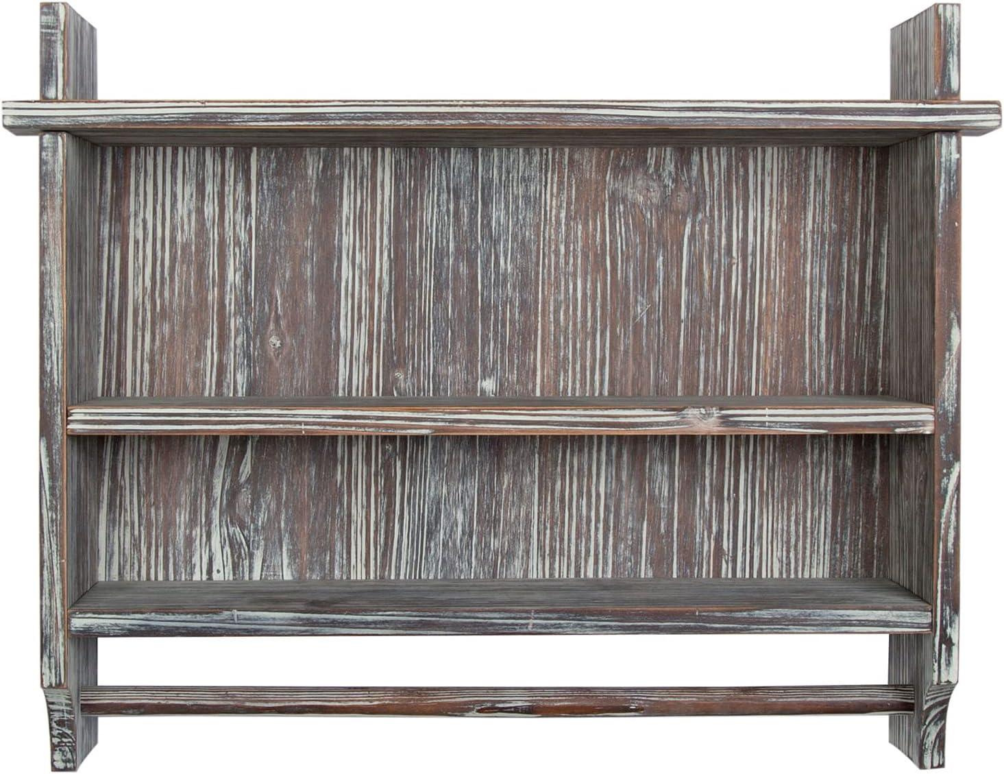 imageMyGift 3 Tier Wall Mounted Rustic Torched Wood Bathroom Storage Shelves Wooden Floating Shelf Toilet Paper Holder Rack with 23 Inch Wide Towel Hanging Bar