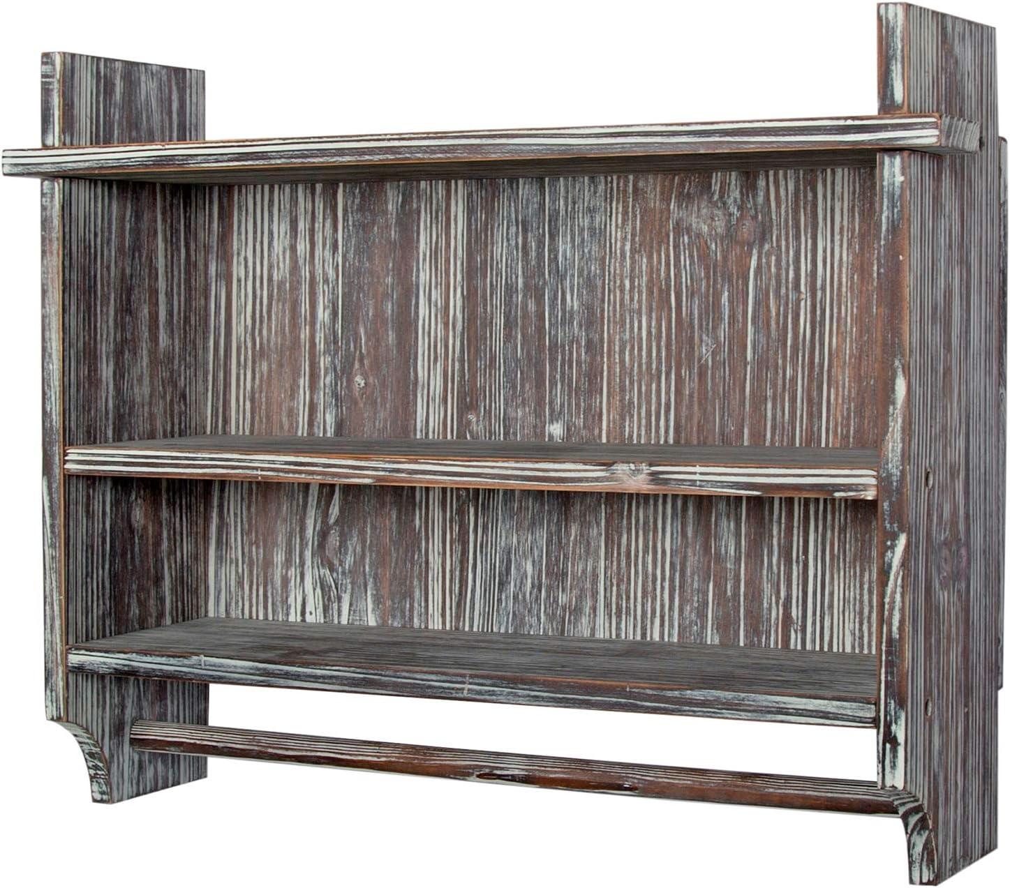 imageMyGift 3 Tier Wall Mounted Rustic Torched Wood Bathroom Storage Shelves Wooden Floating Shelf Toilet Paper Holder Rack with 23 Inch Wide Towel Hanging Bar