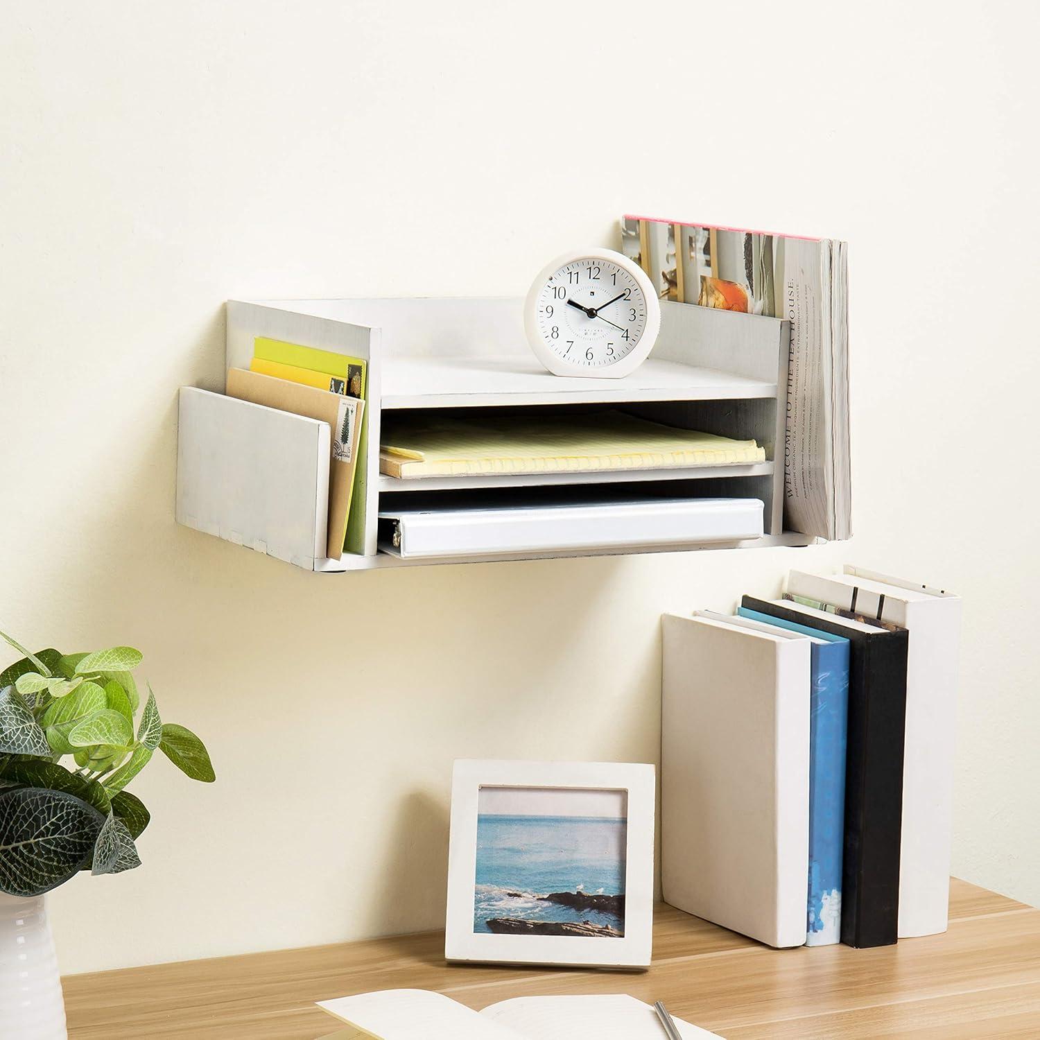 imageMyGift 3 Tier Wall Mounted Vintage White Wood Office Desktop File Rack Document Tray Letter Paper Organizer ampamp Mail SorterVintage White