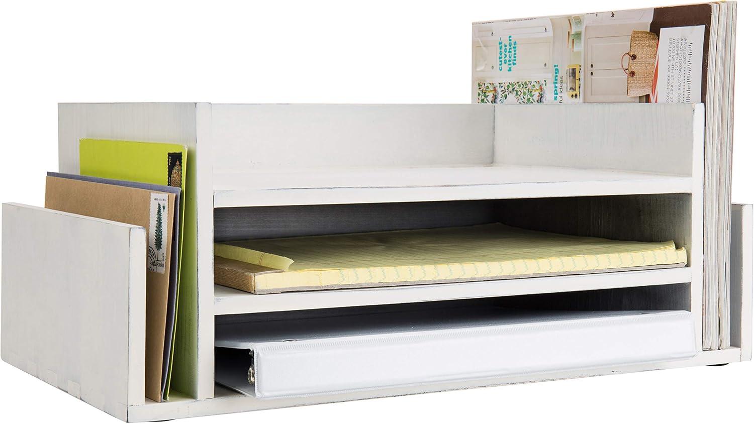 imageMyGift 3 Tier Wall Mounted Vintage White Wood Office Desktop File Rack Document Tray Letter Paper Organizer ampamp Mail SorterVintage White