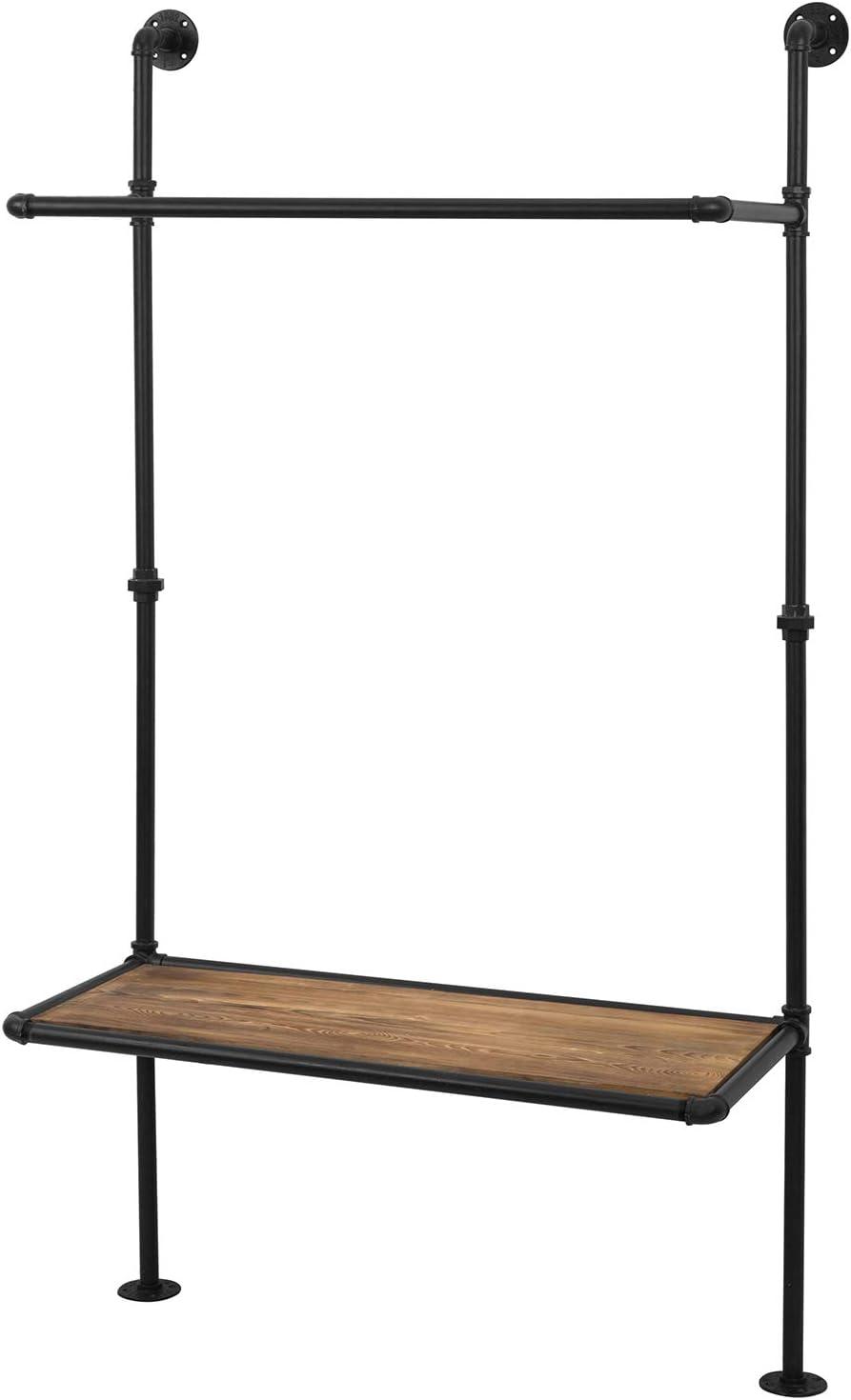 imageMyGift 38 Inch Industrial Black Metal Pipe Wall Mounted Clothing Freestanding Garment Rack Retail Merchandise Display with Rustic Burnt Wood Storage Shelf
