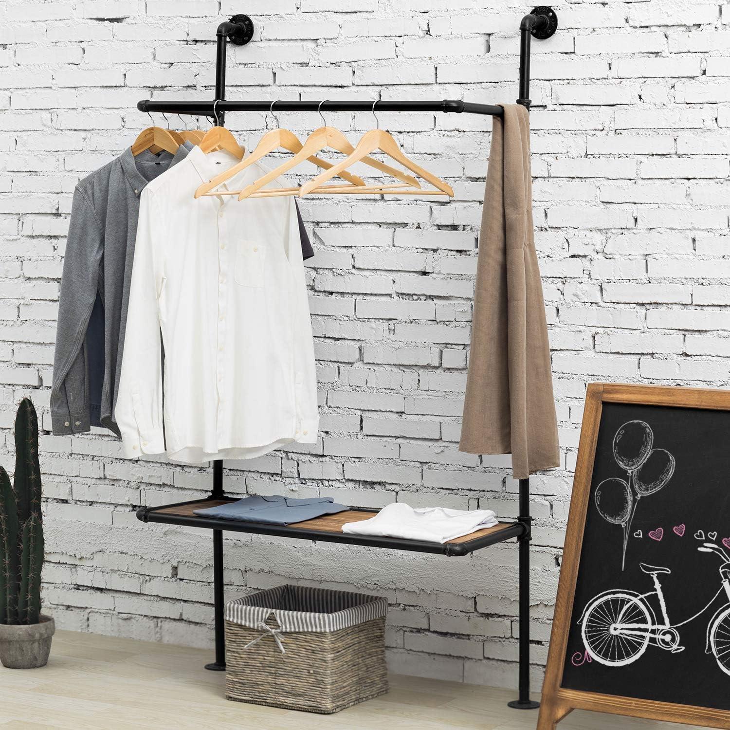 imageMyGift 38 Inch Industrial Black Metal Pipe Wall Mounted Clothing Freestanding Garment Rack Retail Merchandise Display with Rustic Burnt Wood Storage Shelf