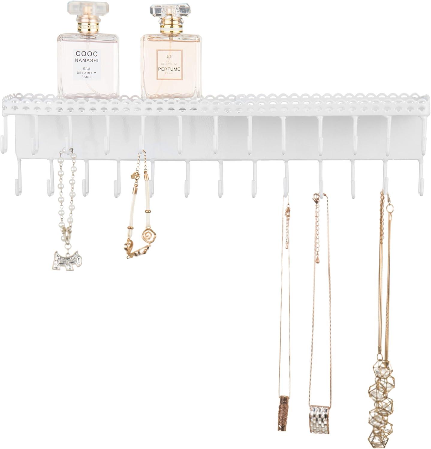 imageMyGift 3Piece Wall Jewelry Organizer WallMounted Rustic Wood and Gold Tone Metal 24 Hook Necklace and Bracelet Storage Rack with Hanging Earring BarMatte WhiteSet of 1