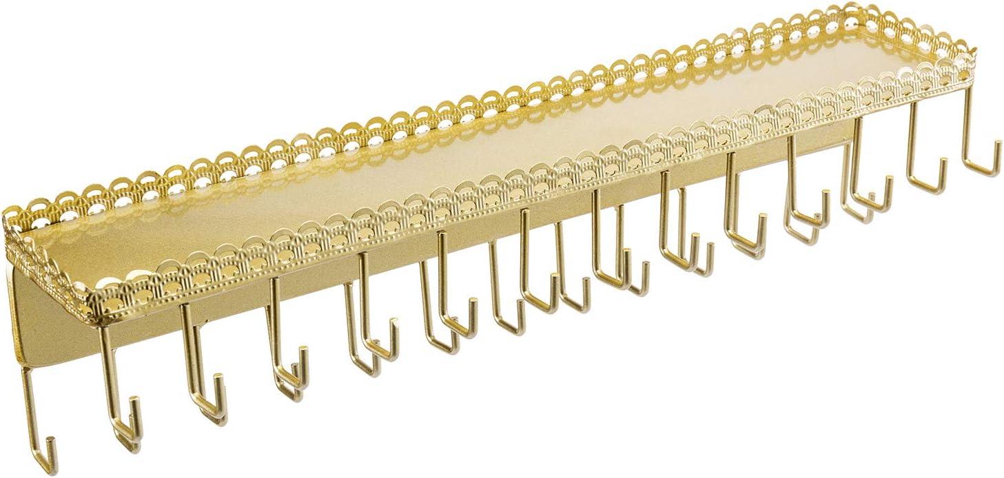 imageMyGift 3Piece Wall Jewelry Organizer WallMounted Rustic Wood and Gold Tone Metal 24 Hook Necklace and Bracelet Storage Rack with Hanging Earring BarSatin Gold