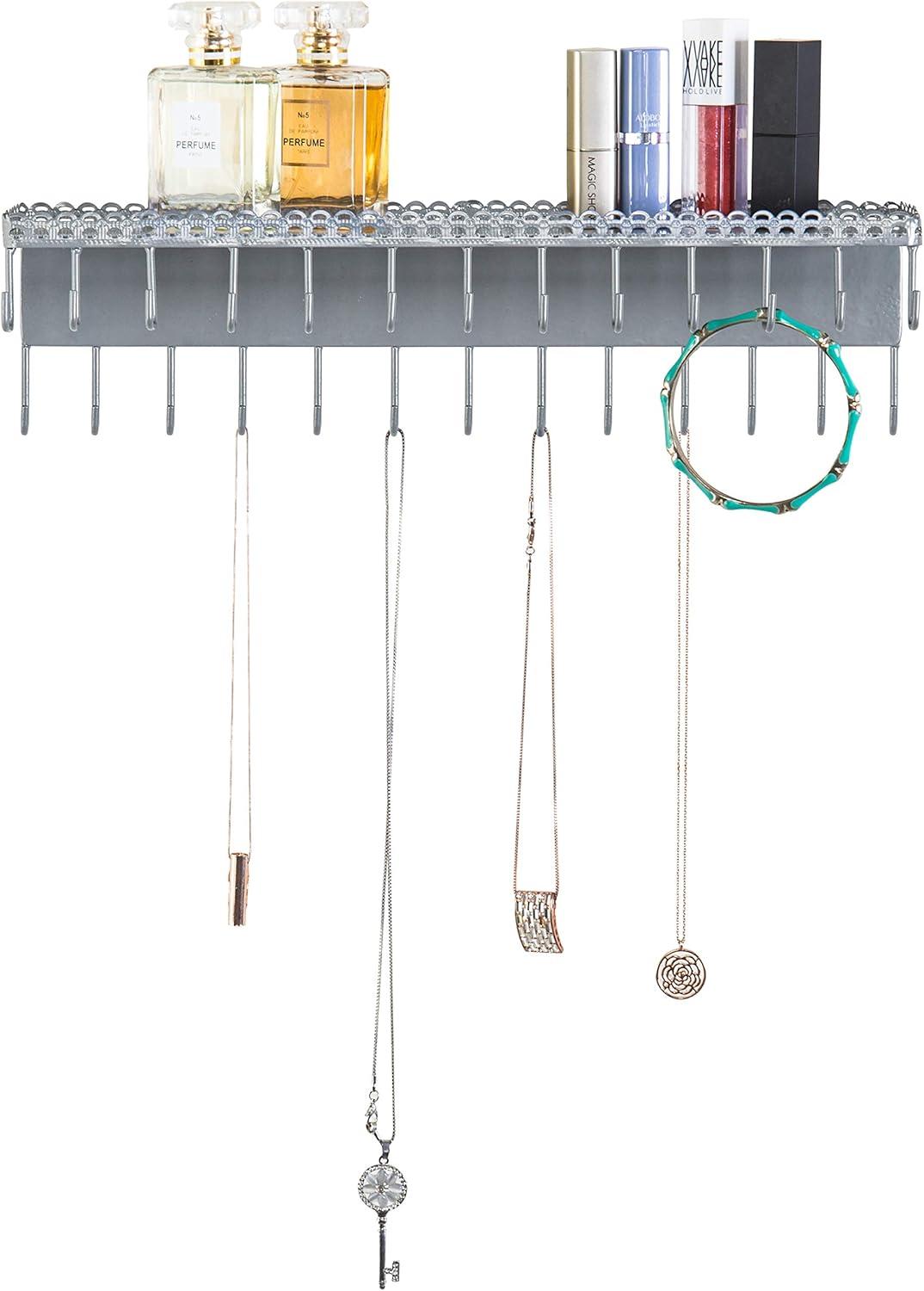 imageMyGift 3Piece Wall Jewelry Organizer WallMounted Rustic Wood and Gold Tone Metal 24 Hook Necklace and Bracelet Storage Rack with Hanging Earring BarSatin Silver