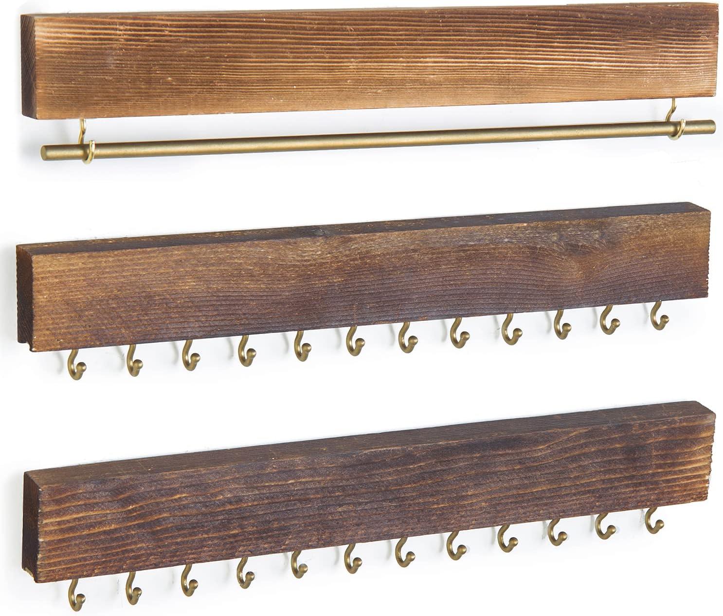 imageMyGift 3Piece Wall Jewelry Organizer WallMounted Rustic Wood and Gold Tone Metal 24 Hook Necklace and Bracelet Storage Rack with Hanging Earring BarWOOD3Piece