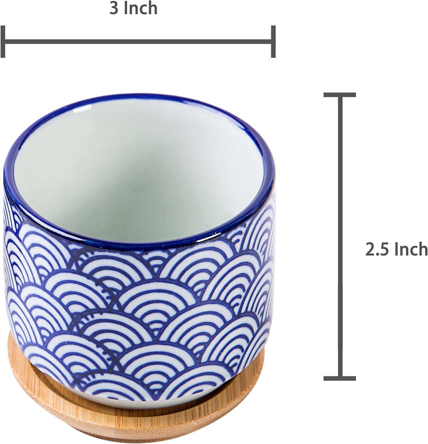 imageMyGift 3inch Ceramic Small Indoor Plant Pot with Drainage and Bamboo Saucer Succulent Planter Pots with White and Blue Japanese Wave Design Set of 2