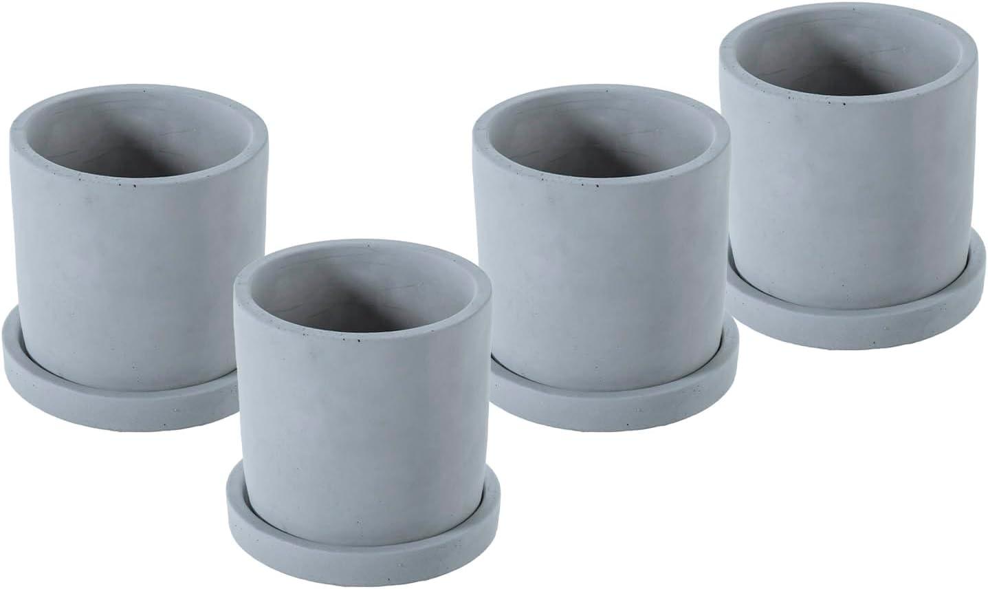 imageMyGift 4 Inch Unglazed Gray Concrete Planter Cylindrical Cactus Herb Succulent Planter Pots with Removable Drainage Trays Set of 445 Inch Set of 4