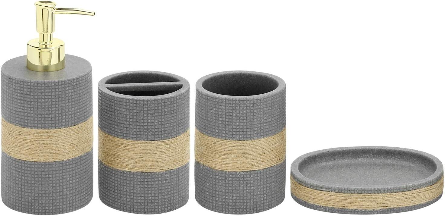 imageMyGift 4 Piece Modern Gray Bathroom Countertop Accessories Set with Rope Wrapped Design Includes Lotion or Liquid Soap Pump Dispenser Toothbrush Holder Tumbler and Soap Dish