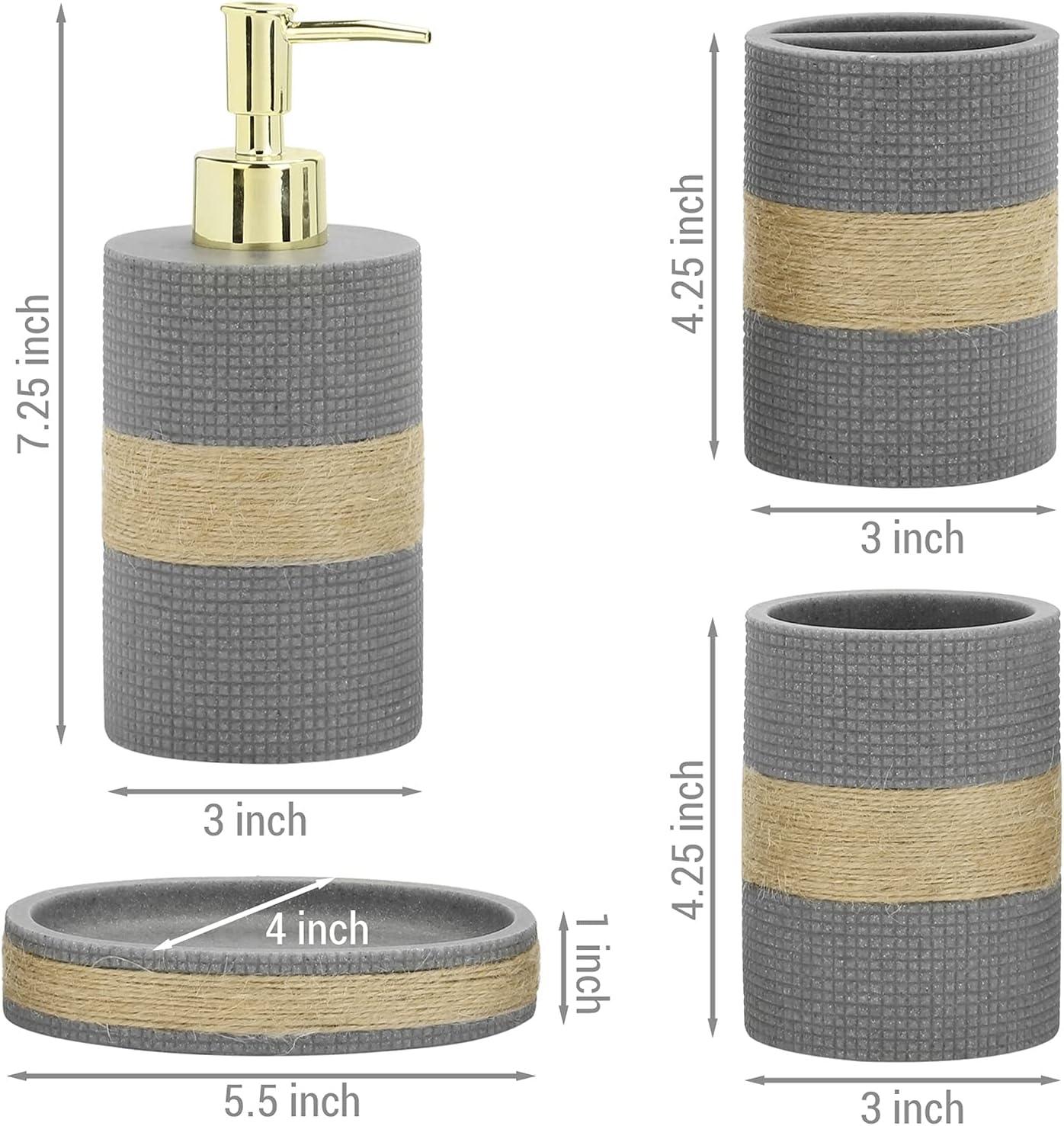 imageMyGift 4 Piece Modern Gray Bathroom Countertop Accessories Set with Rope Wrapped Design Includes Lotion or Liquid Soap Pump Dispenser Toothbrush Holder Tumbler and Soap Dish
