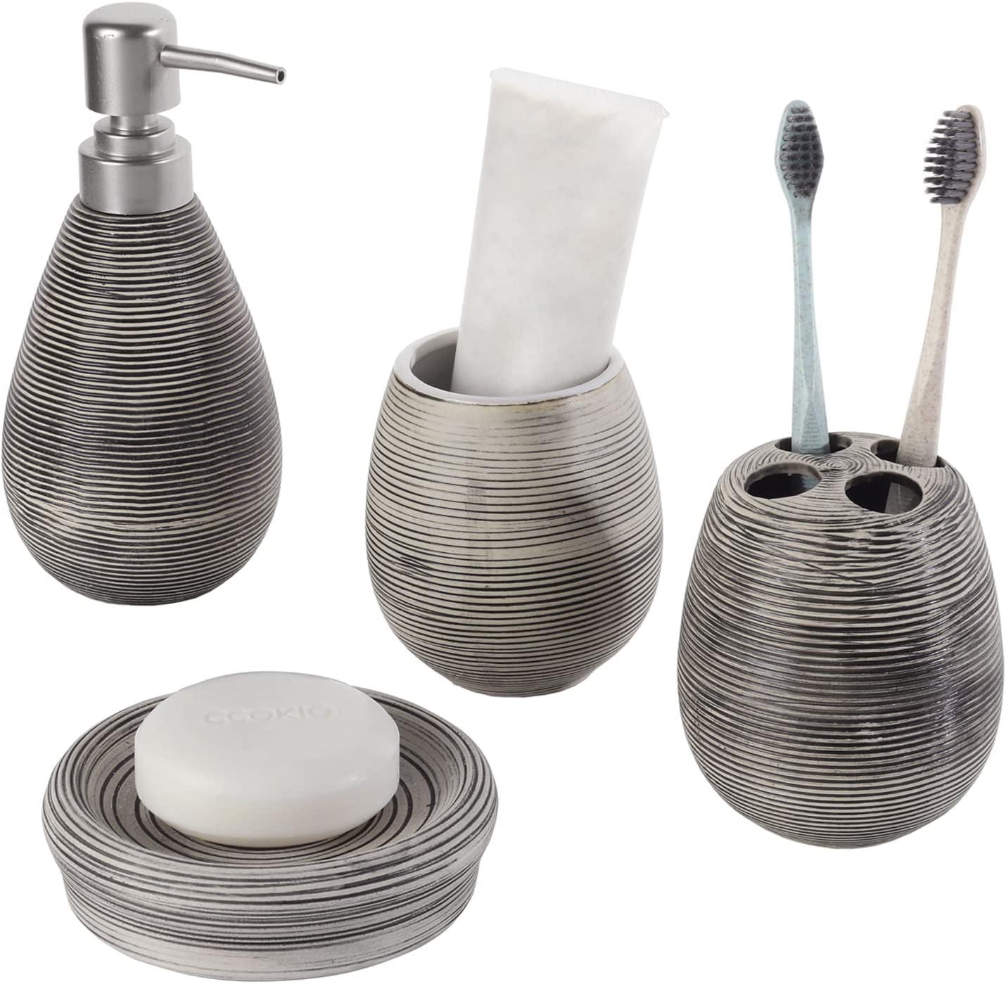 imageMyGift 4 Piece Textured Ceramic Brown Bathroom Accessory Set Includes Soap Dish Dispenser Toothbrush Holder and Tumbler