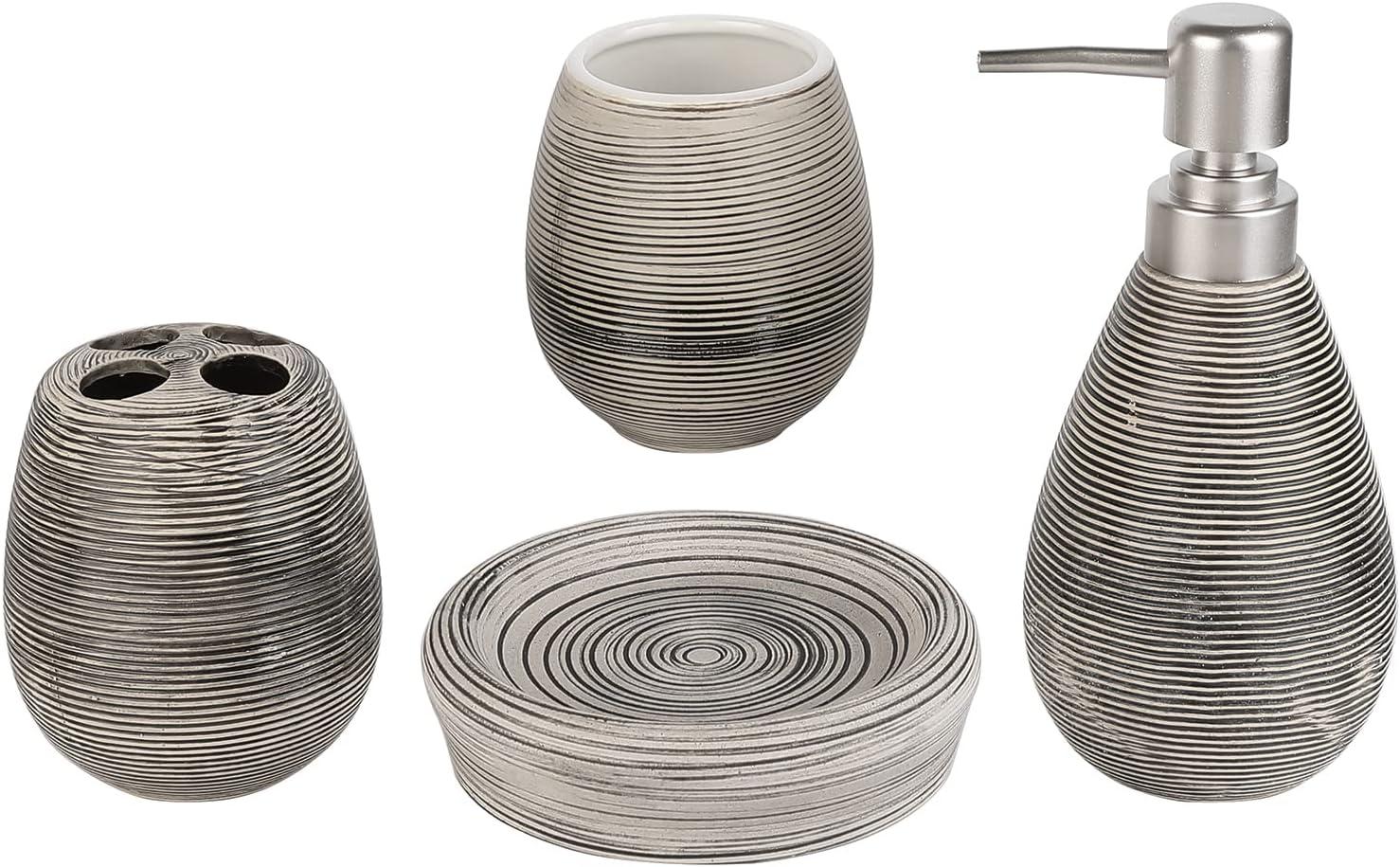 imageMyGift 4 Piece Textured Ceramic Brown Bathroom Accessory Set Includes Soap Dish Dispenser Toothbrush Holder and Tumbler