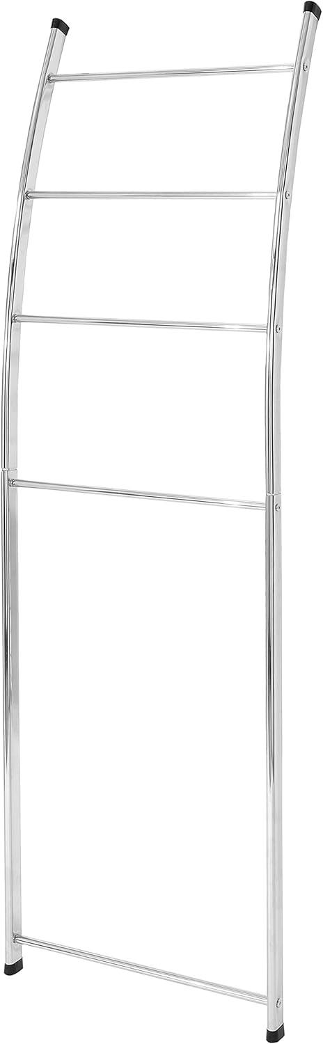 imageMyGift 4 Rung Silver Chrome Plated Metal Wall Leaning Bath Towel Storage Ladder Freestanding Bathroom Drying Rack for Towels with Top and Bottom Non Slip Rubber Feet