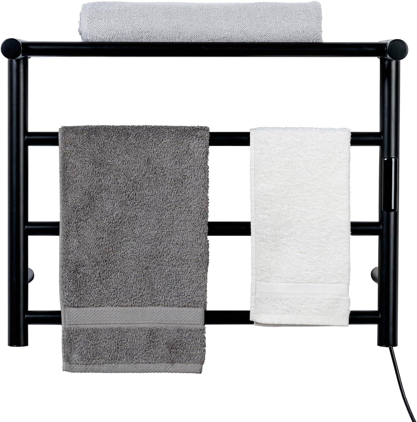 imageMyGift 4 Tier Wall Mounted Bath Towel Warmer Rack Premium Hotel Series Matte Black Stainless Steel Hot Towel Holder Hanger Bar with Storage Shelf and LED Temperature Timer Control