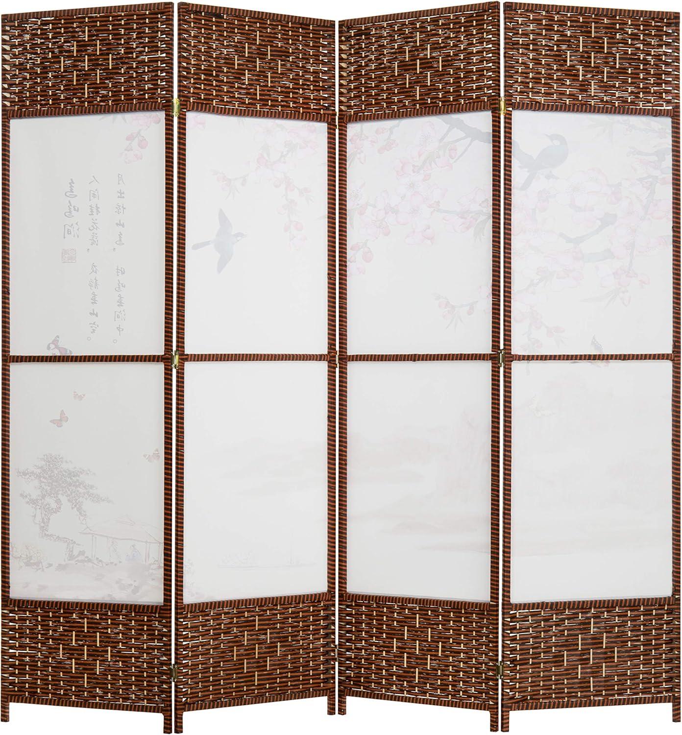imageMyGift 4Panel Asian Cherry Blossom Oil Cloth Painting Woven Privacy Screen Room Divider with Wood Frame