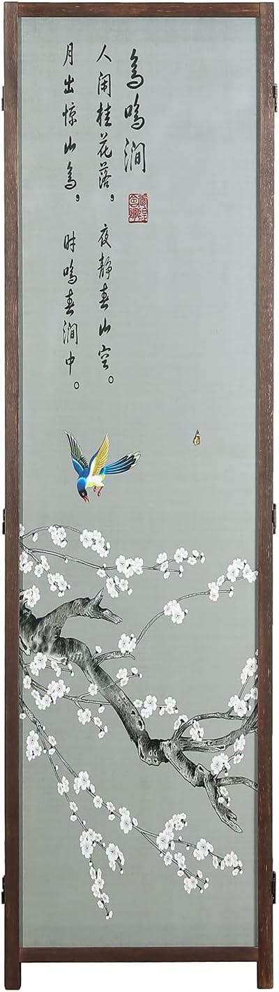 imageMyGift 4Panel AsianInspired Folding Room Divider with Cherry Blossom Tree ampamp Bird Design Poetry Calligraphy and Brown Wooden Frame 78W x 705H6FT