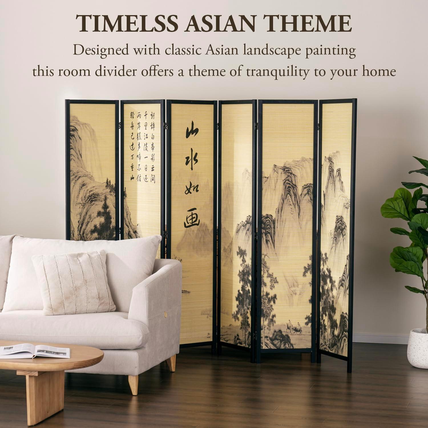 imageMyGift 4Panel Folding Bamboo Room Divider AsianInspired Cherry Blossom Scene 6 FT Freestanding Floral Artwork Room Partitioner with Beige Wood FrameBlack