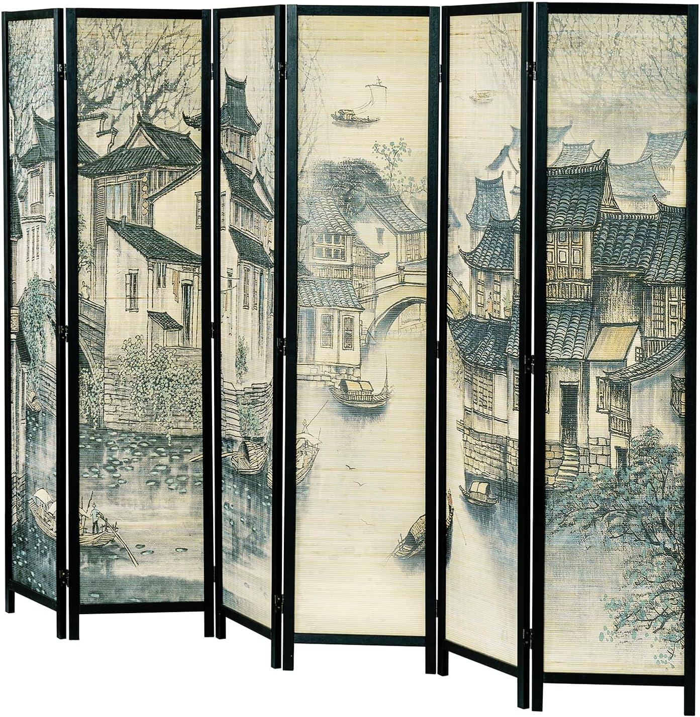 imageMyGift 4Panel Folding Bamboo Room Divider AsianInspired Cherry Blossom Scene 6 FT Freestanding Floral Artwork Room Partitioner with Beige Wood FrameBlack Wood