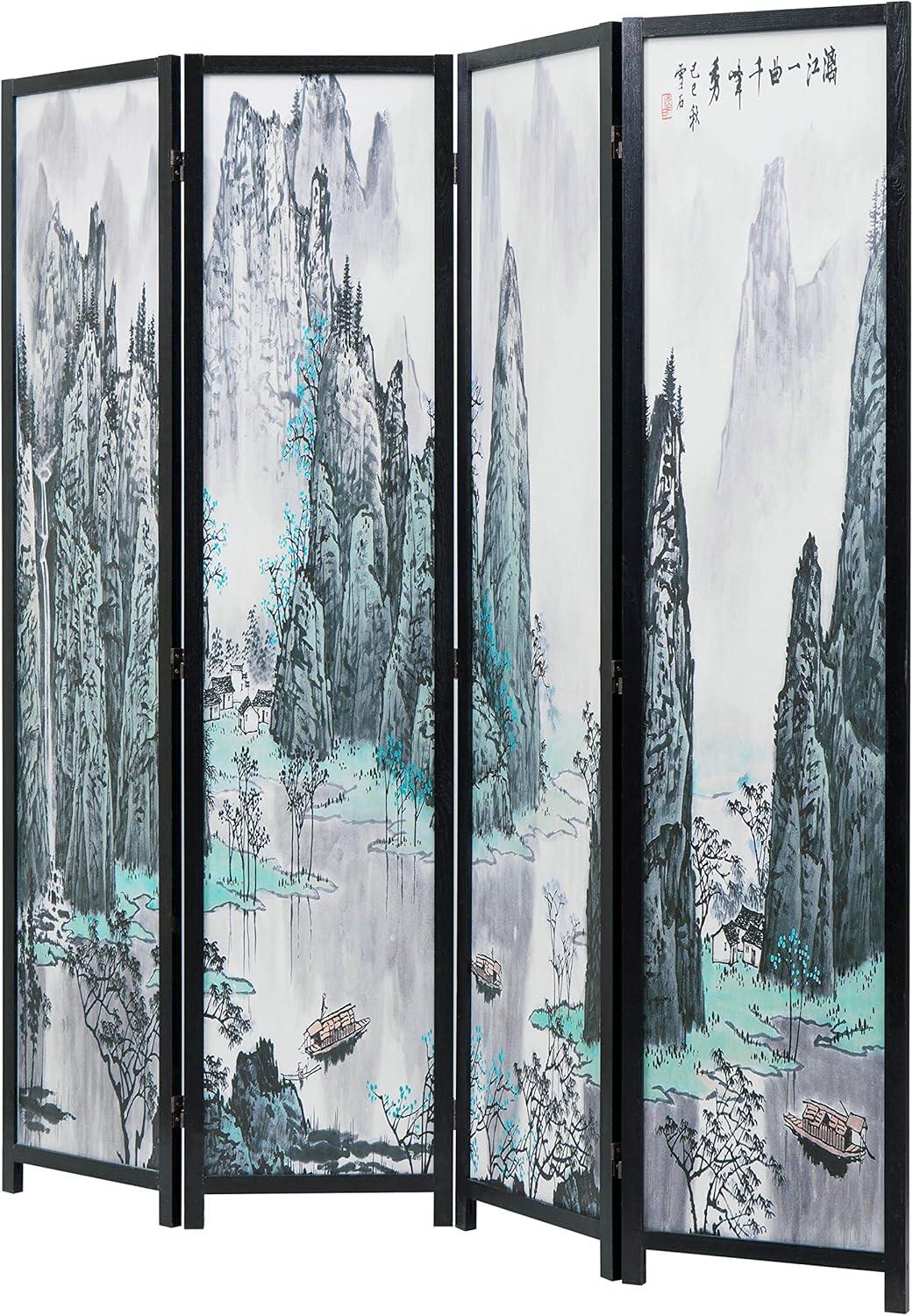 imageMyGift 4Panel Folding Bamboo Room Divider AsianInspired Cherry Blossom Scene 6 FT Freestanding Floral Artwork Room Partitioner with Beige Wood FrameBlack