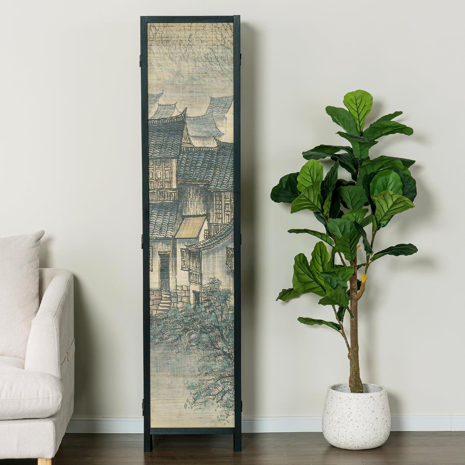 imageMyGift 4Panel Folding Bamboo Room Divider AsianInspired Cherry Blossom Scene 6 FT Freestanding Floral Artwork Room Partitioner with Beige Wood FrameBlack Wood