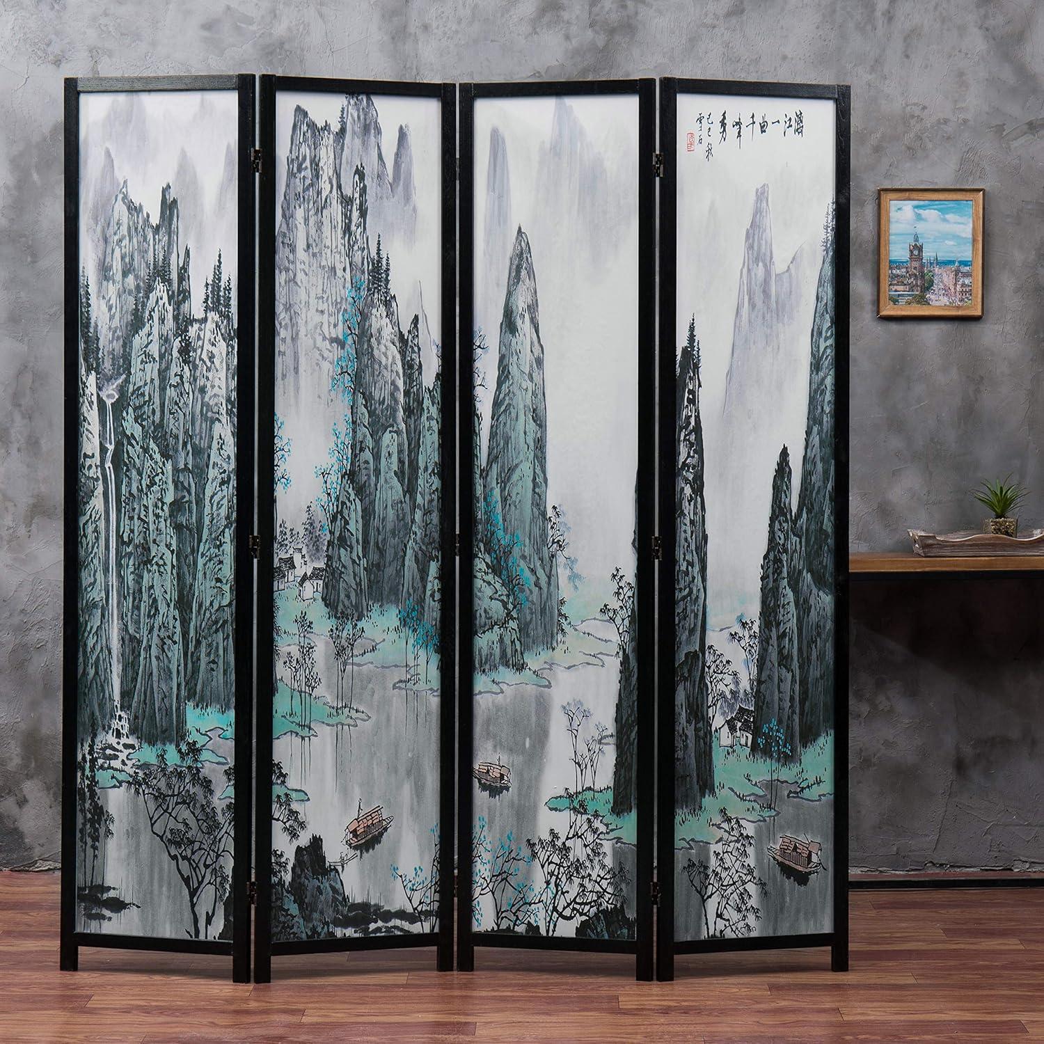 imageMyGift 4Panel Folding Bamboo Room Divider AsianInspired Cherry Blossom Scene 6 FT Freestanding Floral Artwork Room Partitioner with Beige Wood FrameBlack