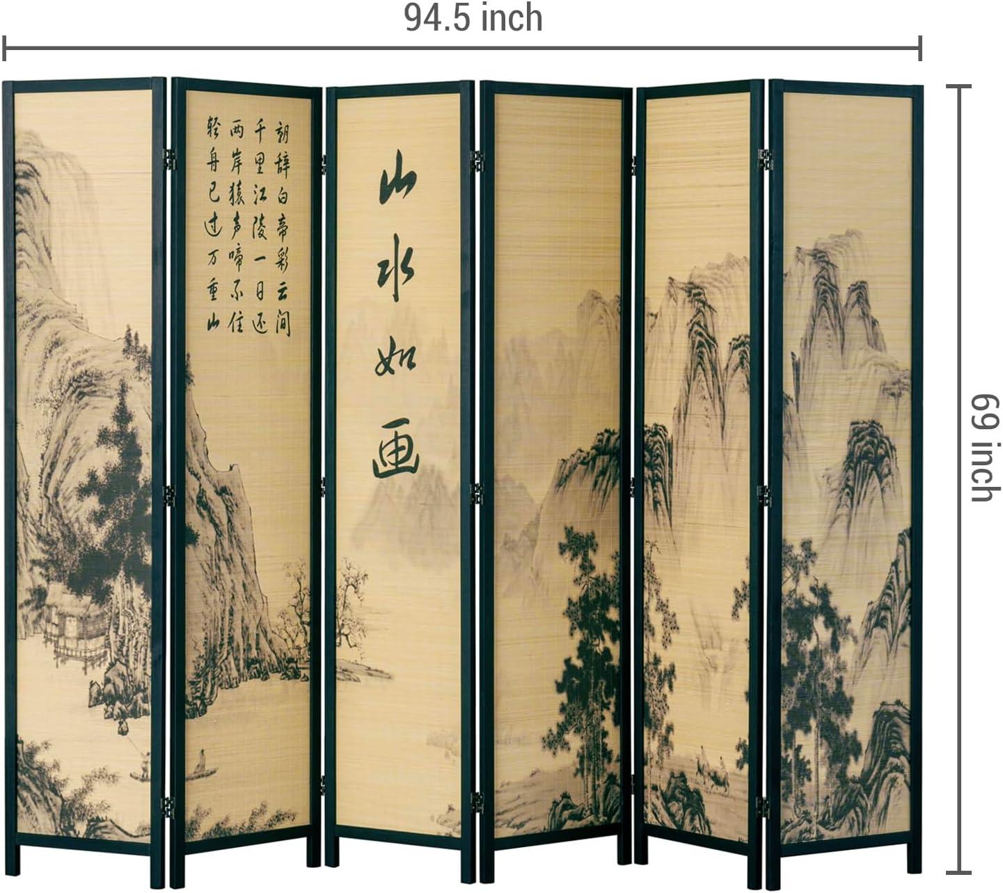 imageMyGift 4Panel Folding Bamboo Room Divider AsianInspired Cherry Blossom Scene 6 FT Freestanding Floral Artwork Room Partitioner with Beige Wood FrameBlack