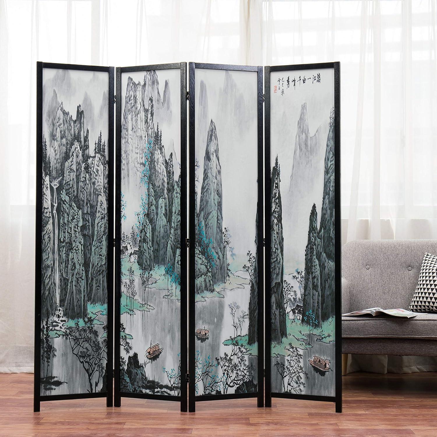 imageMyGift 4Panel Folding Bamboo Room Divider AsianInspired Cherry Blossom Scene 6 FT Freestanding Floral Artwork Room Partitioner with Beige Wood FrameBlack