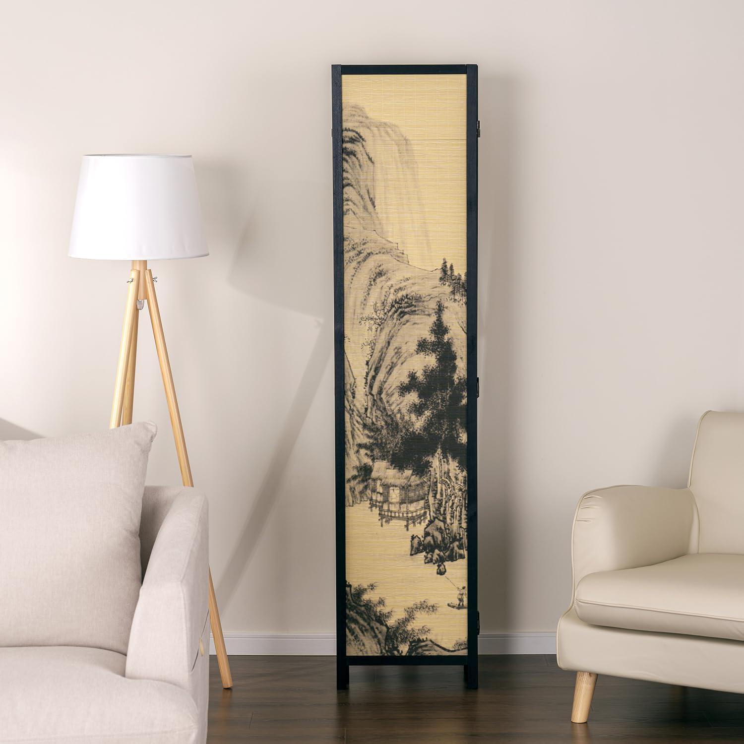 imageMyGift 4Panel Folding Bamboo Room Divider AsianInspired Cherry Blossom Scene 6 FT Freestanding Floral Artwork Room Partitioner with Beige Wood FrameBlack