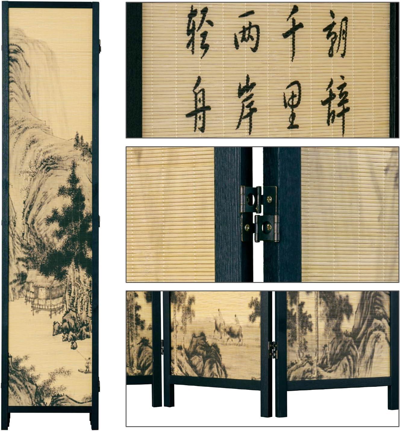 imageMyGift 4Panel Folding Bamboo Room Divider AsianInspired Cherry Blossom Scene 6 FT Freestanding Floral Artwork Room Partitioner with Beige Wood FrameBlack
