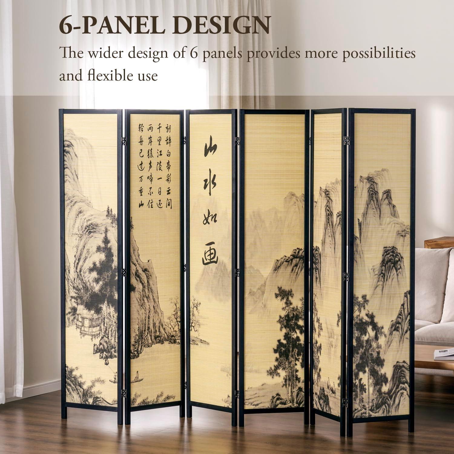 imageMyGift 4Panel Folding Bamboo Room Divider AsianInspired Cherry Blossom Scene 6 FT Freestanding Floral Artwork Room Partitioner with Beige Wood FrameBlack