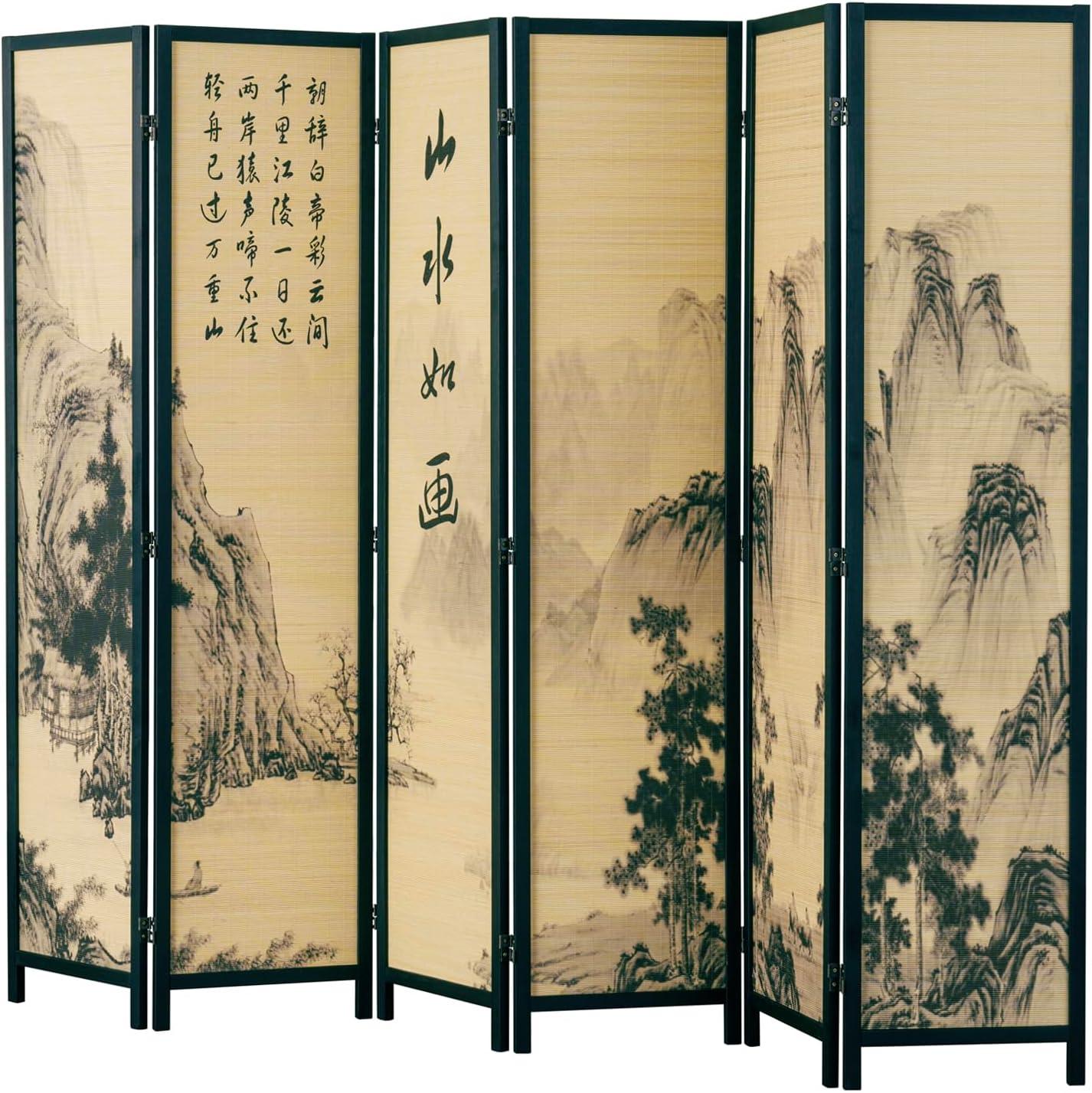 imageMyGift 4Panel Folding Bamboo Room Divider AsianInspired Cherry Blossom Scene 6 FT Freestanding Floral Artwork Room Partitioner with Beige Wood FrameBlack