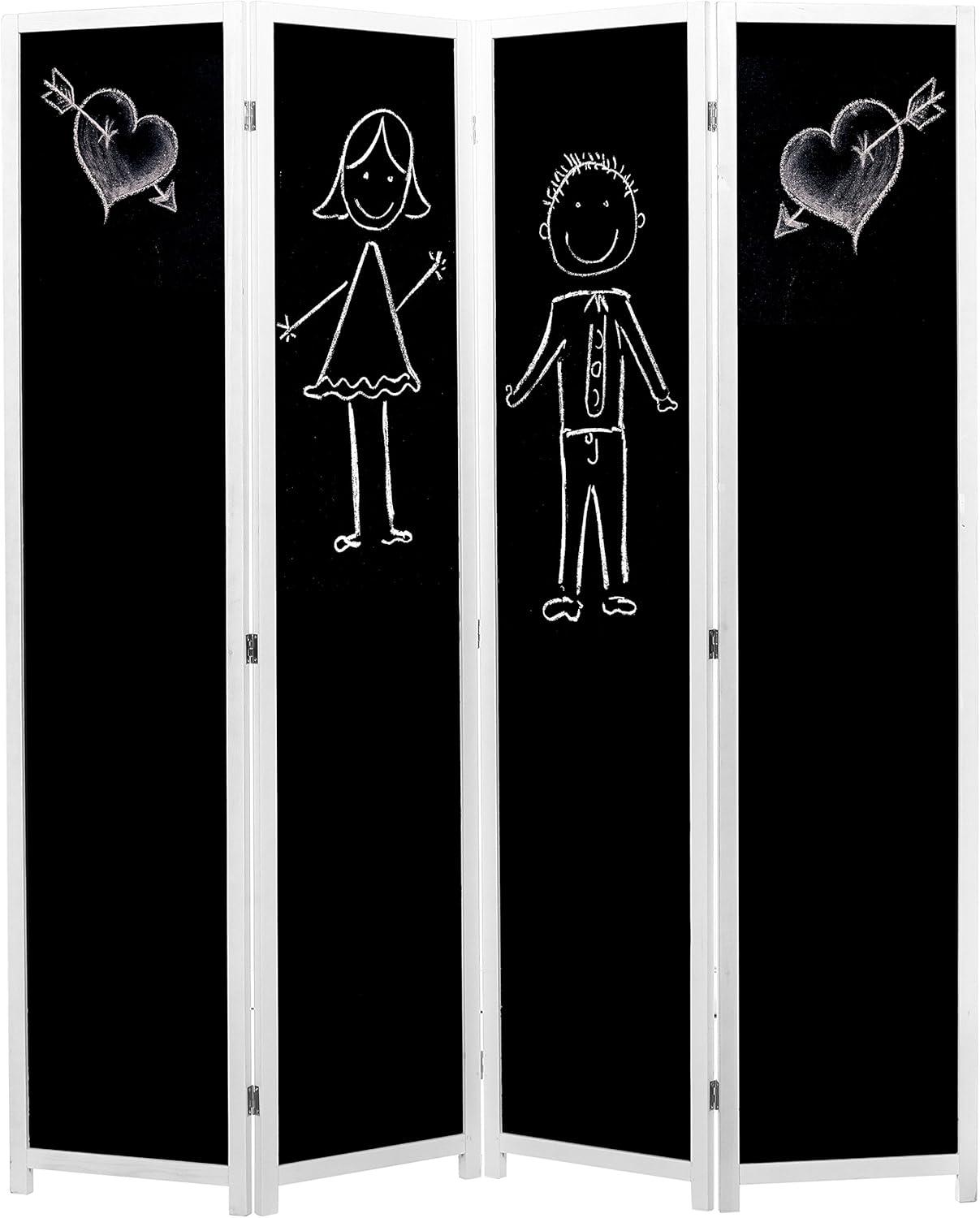 imageMyGift 4Panel White Solid Wood Framed Chalkboard Room Divider Folding Decorative Semi Private Screen with Reusable Chalkboard Panel